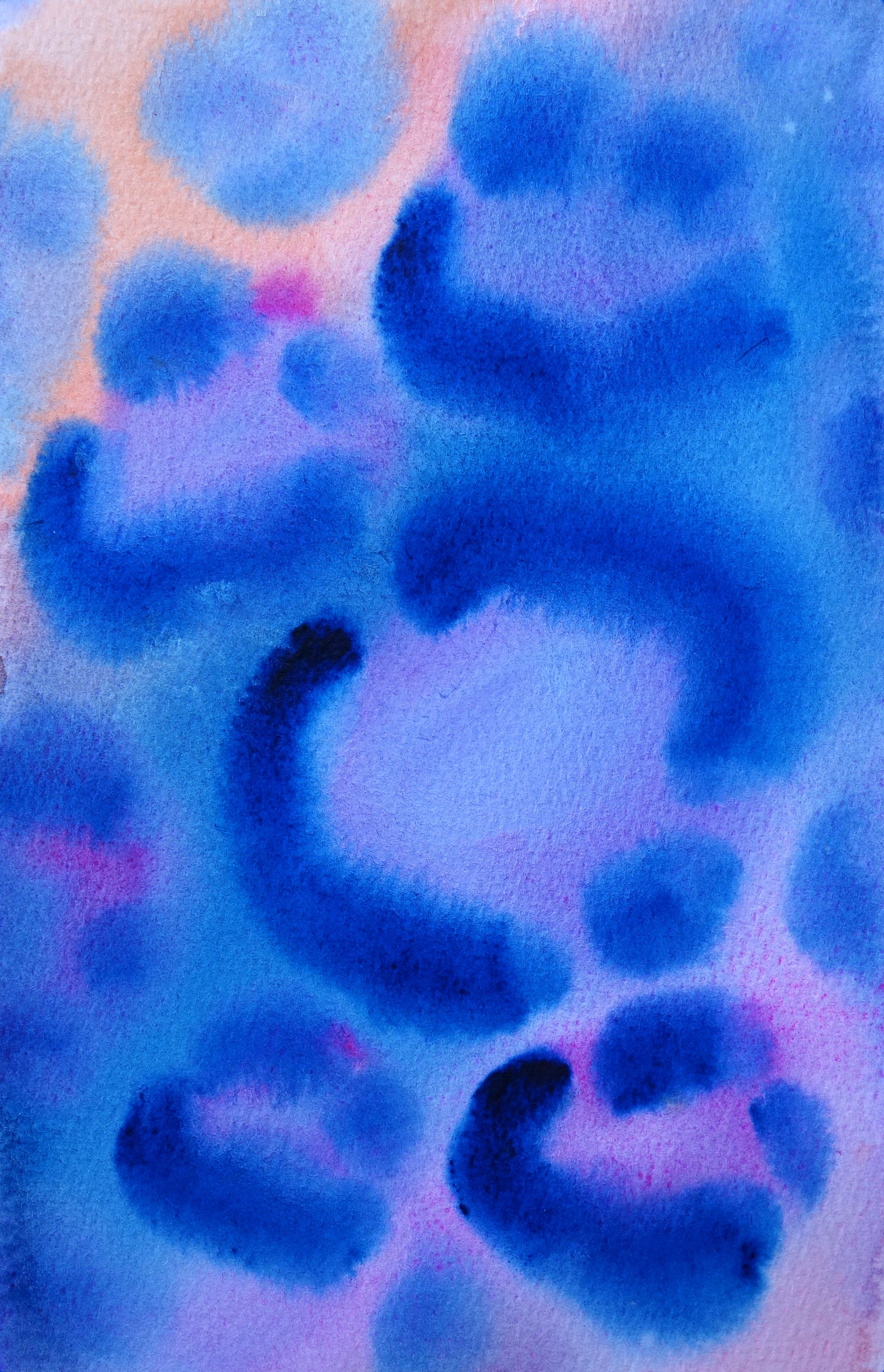 Abstract watercolor painting with shades of blue, purple, and pink, featuring soft circular shapes and gradients.