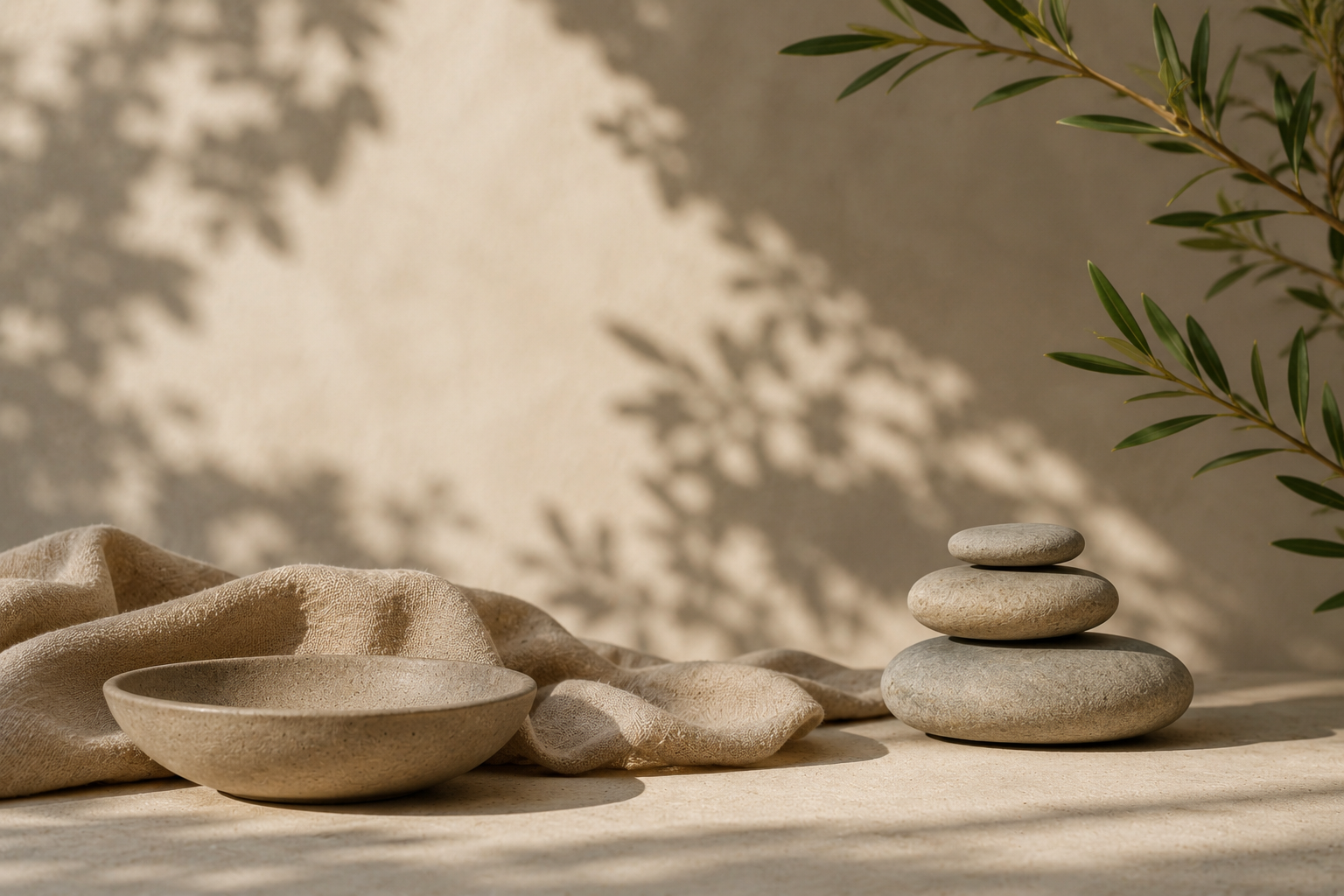 A stack of four smooth gray stones on a beige surface, with shadows of leaves cast on the wall behind, and a green leafy branch in the upper right corner.