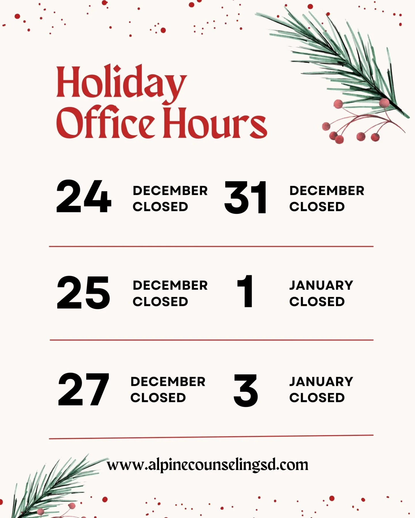 Our holiday office hours π²
Wishing everyone a happy and safe holiday season!