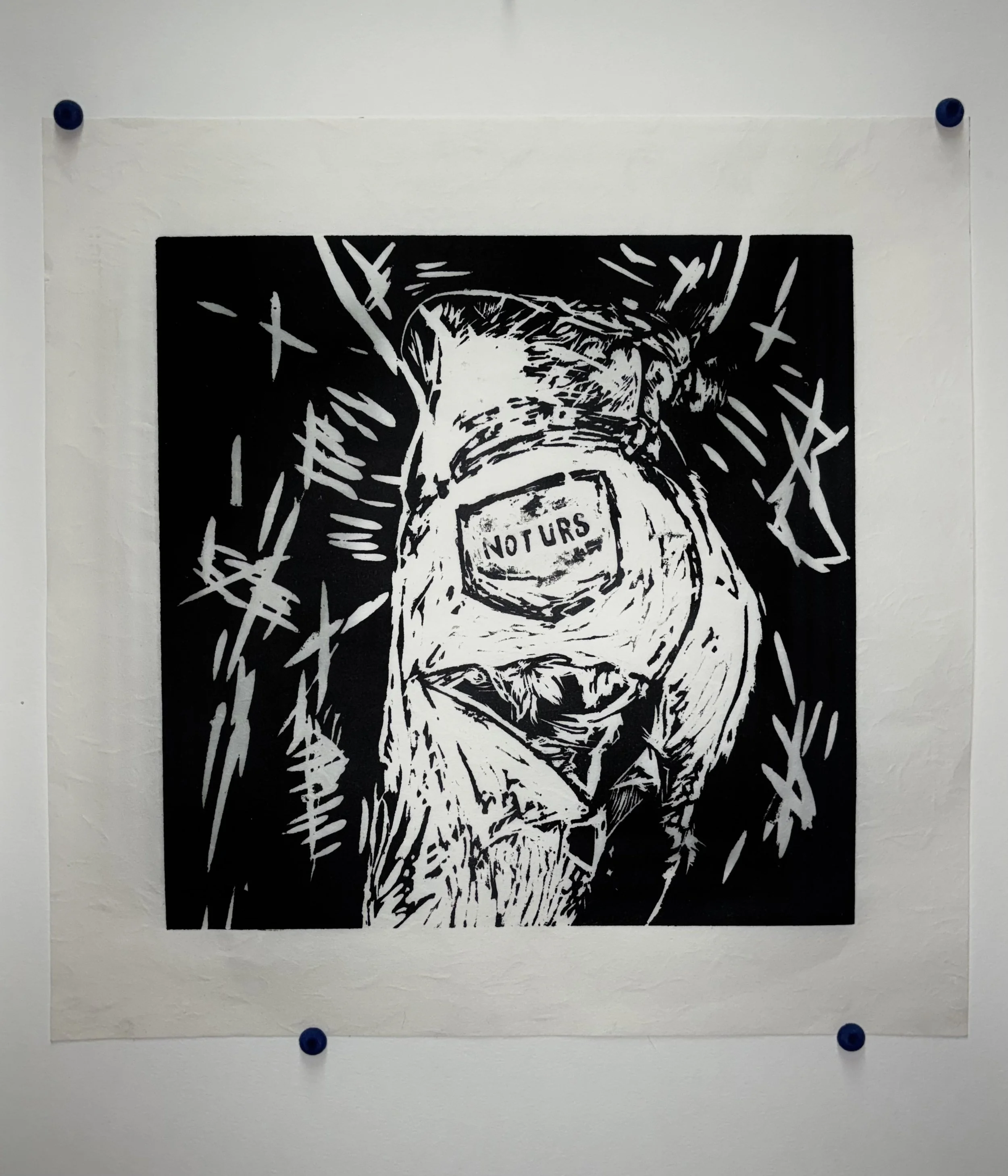 Not Urs, 2025, Wood block print on rice paper, 12 x 12 inches 