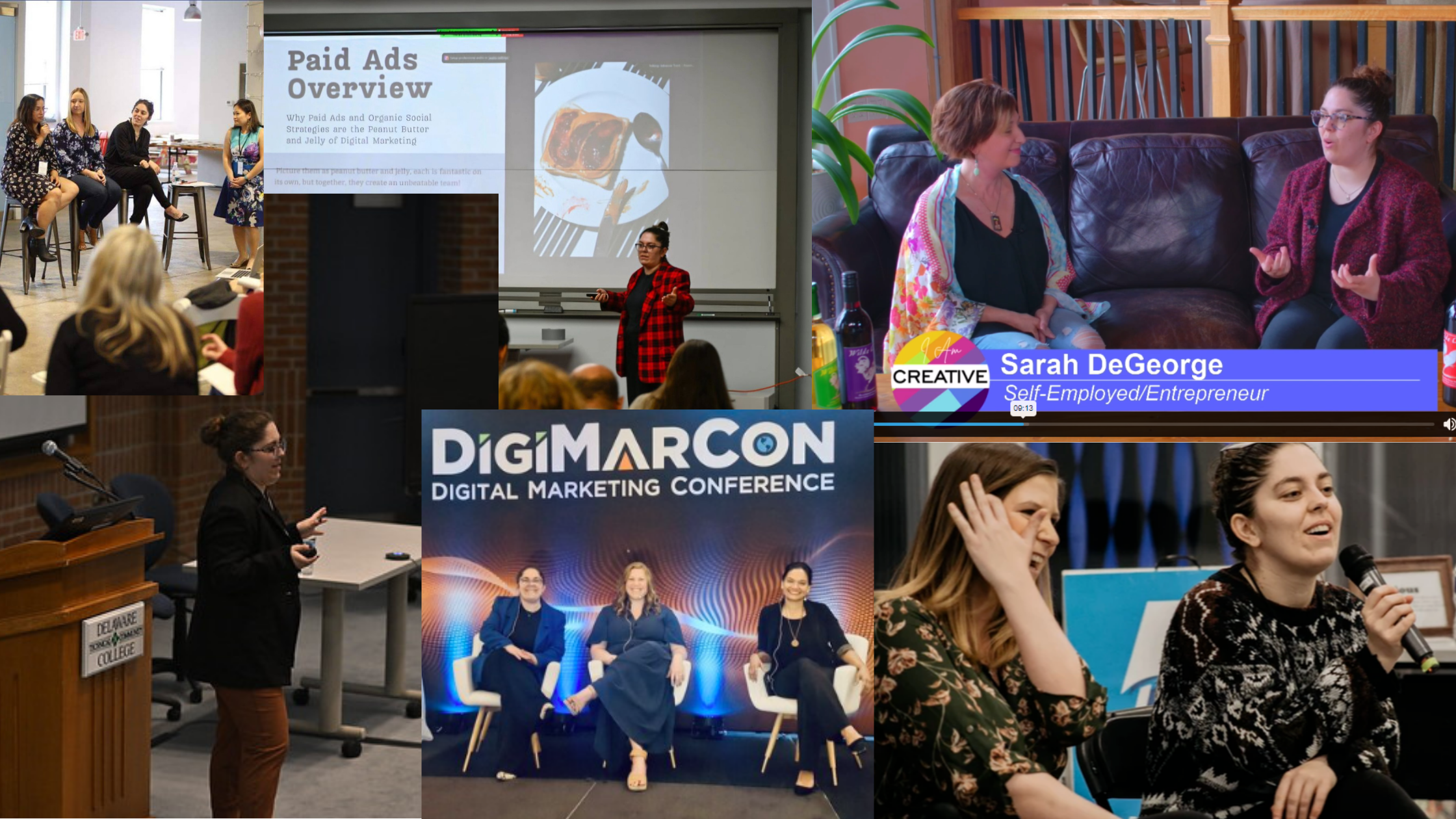 Different pictures of Sarah DeGeorge speaking on stage