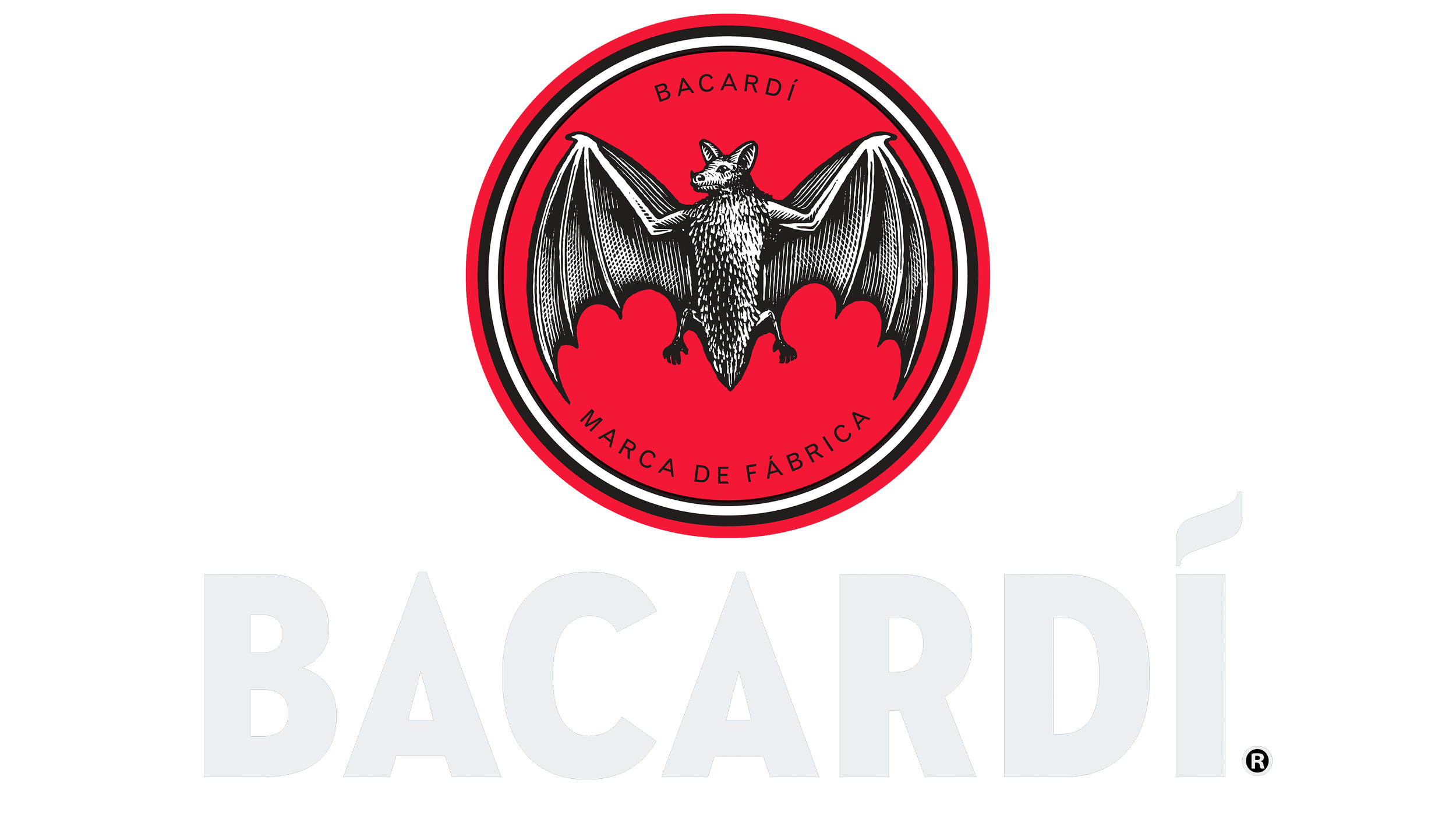 Logo of Bacardi featuring a black and white bat with spread wings inside a red circle, with the words "Bacardí Marca de Fábrica" written around it, and the large white word "BACARDI" in the foreground.