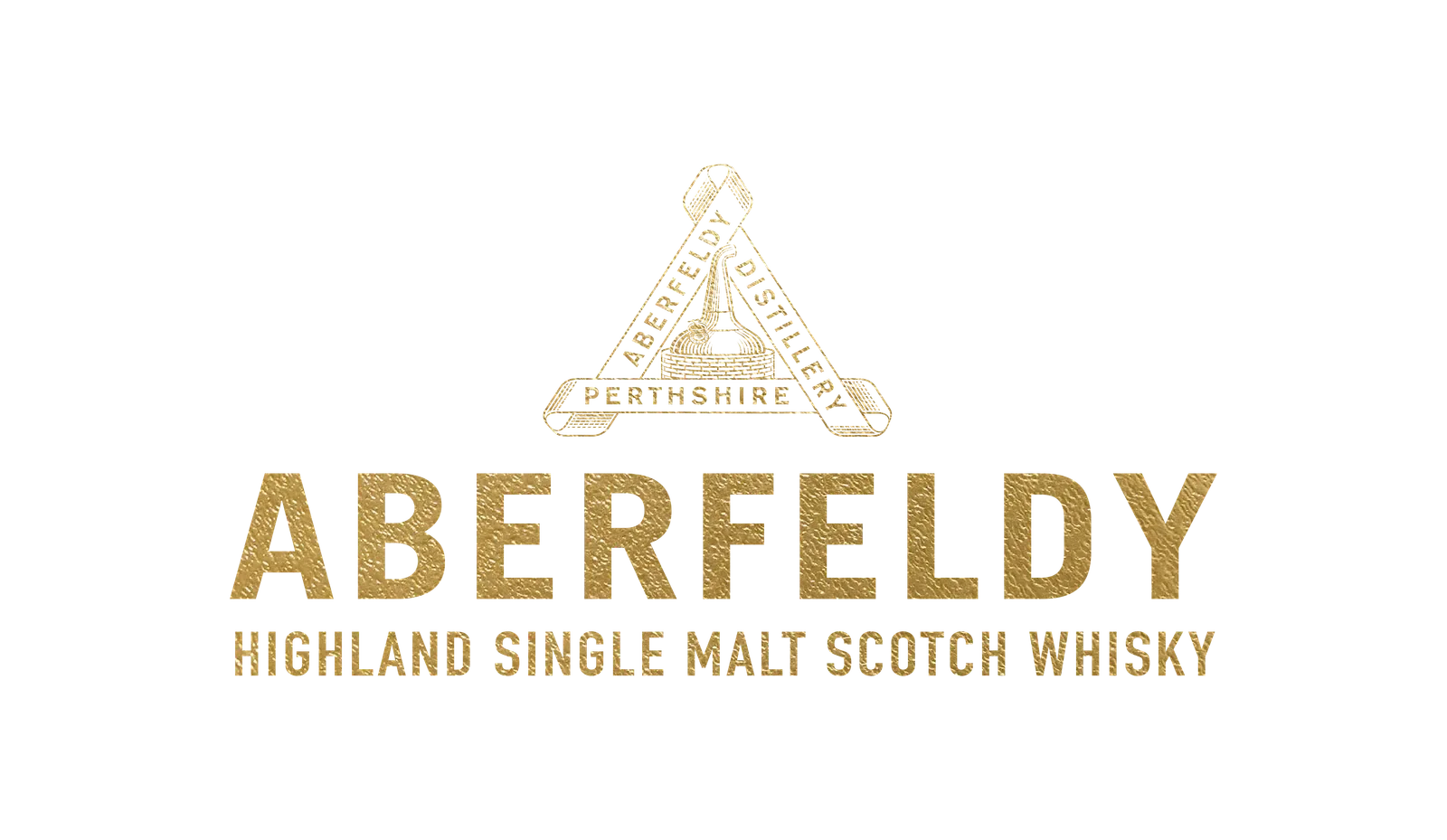 Gold-colored logo with a triangle emblem and the words 'ABERFELDY Highland Single Malt Scotch Whisky' underneath.