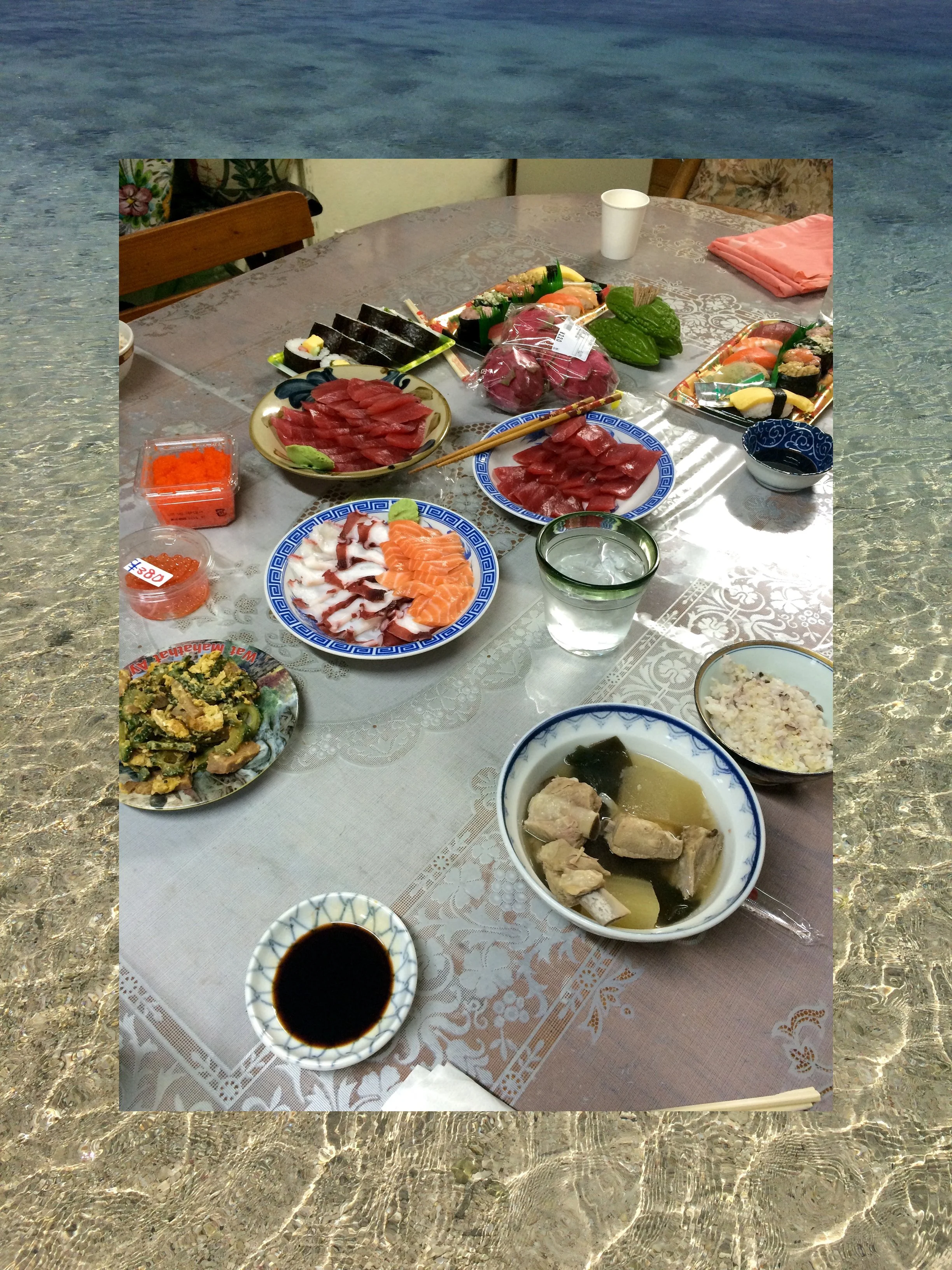 a meal of homemade dishes and local market finds, enjoyed together at my relative's store