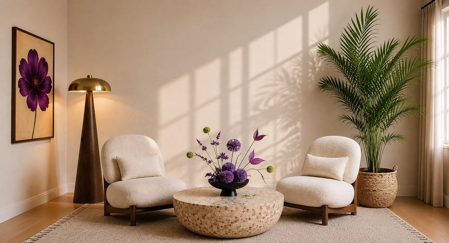 Warm, sunlit living room with two boucle chairs