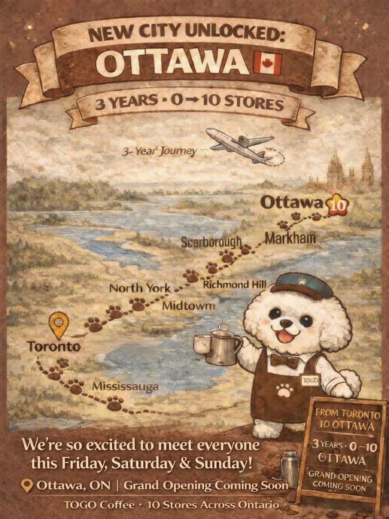 🇨🇦 NEW CITY UNLOCKED &mdash; OTTAWA ☕🐾

3 years. From Toronto to the capital city 🇨🇦
TOGO Coffee is officially landing in Ottawa 🤍

Thank you for being part of our journey &mdash;
we can&rsquo;t wait to meet you, Ottawa!

📍 Ottawa, ON
🗓️ See 
