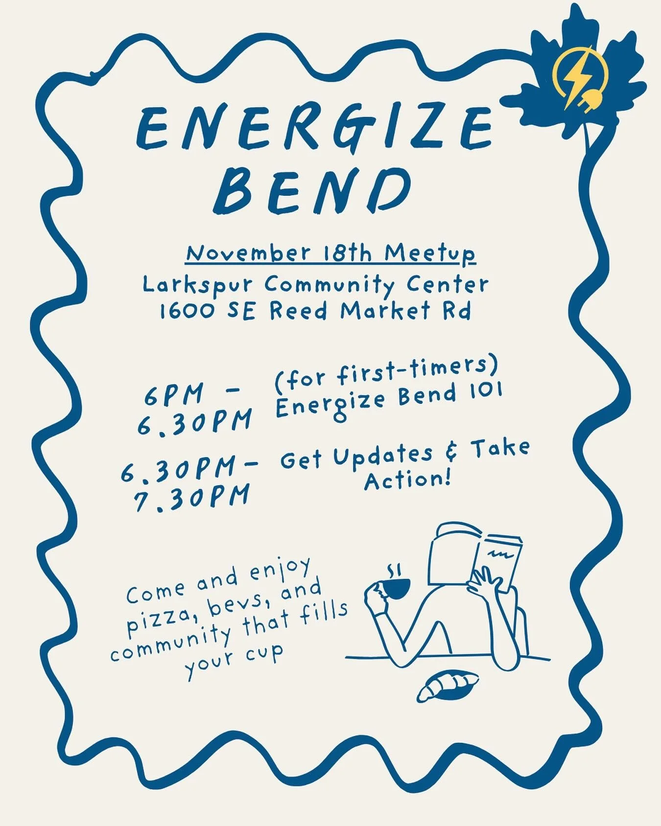 Join us for our next Energize Bend meetup on Nov 18 at Larkspur Community Center!

Whether you&rsquo;re brand new or already plugged in, come enjoy good food, good people, and a chance to take meaningful climate action together.

Link in bio.