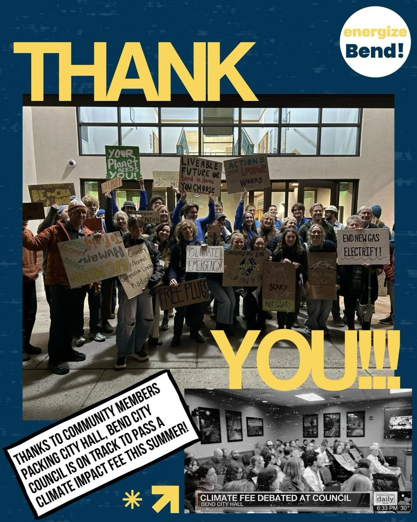 You showed up!!! Thanks to a huge showing of public support, Bend City Council is on track to pass a Climate Impact Fee this summer 🌱☀️💅🏼

Want to learn more or get involved?

Check out the 🔗s in our bio.

#bend #electrify #electrification