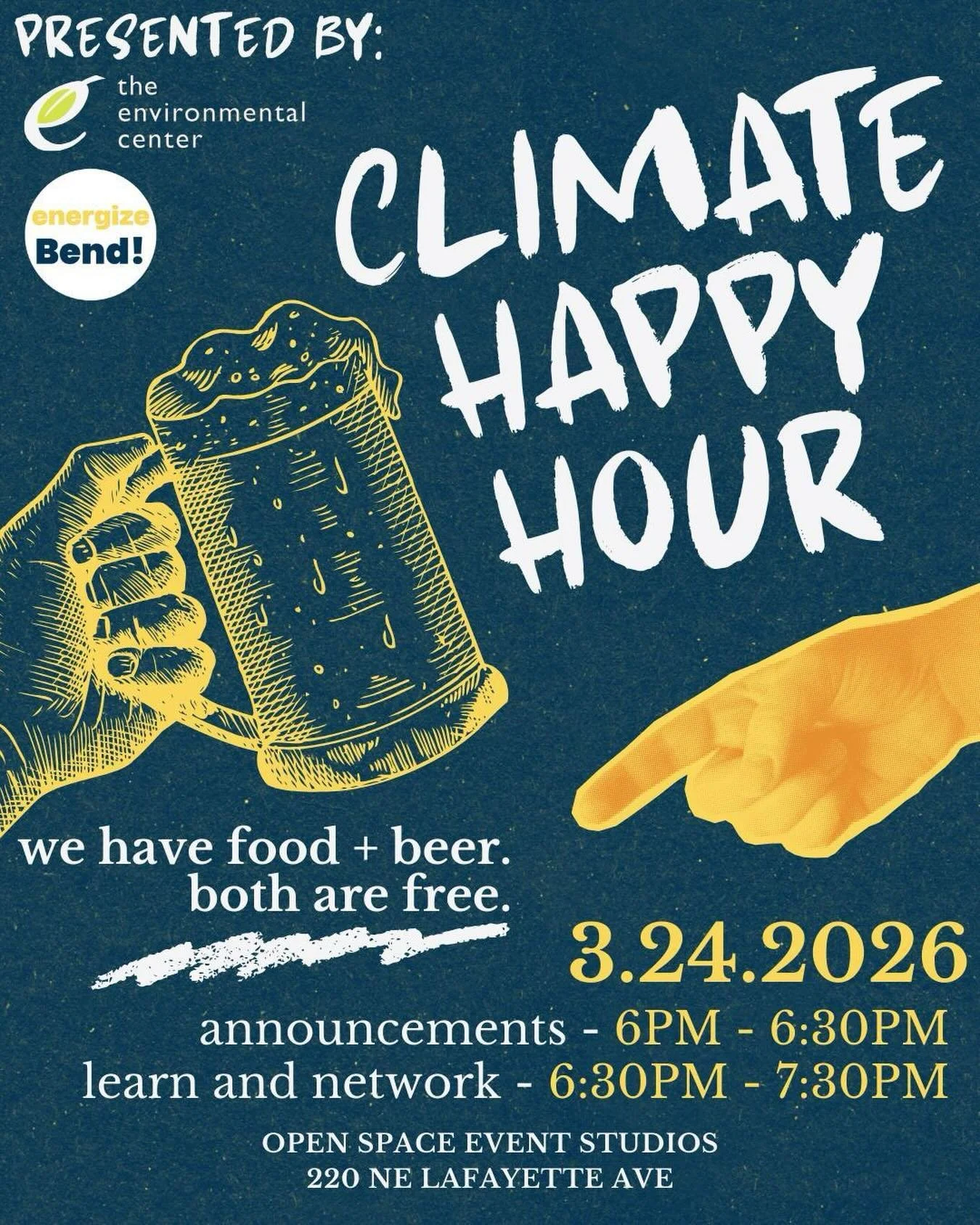 It&rsquo;s the crossover event of the year - Energize Bend and The Environmental Center proudly present:

🍻Climate Happy Hour🍻

Join us at 6:00 for some quick announcements on the work that we&rsquo;re doing in the community and opportunities for y