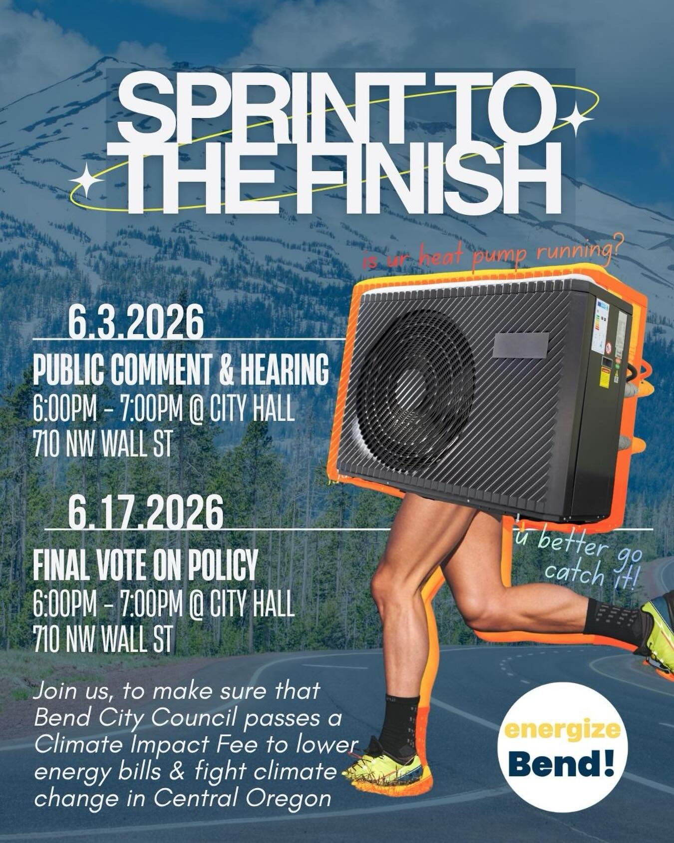 Is your heat pump running? 🔥❄️🔋

&hellip;you better go catch it! 🏃🏻&zwj;♂️🫪💨

The finish line is in sight! Bend City Council is heading into the final stretch on the Climate Impact Fee &mdash; a policy that will incentivize affordable, clean, a