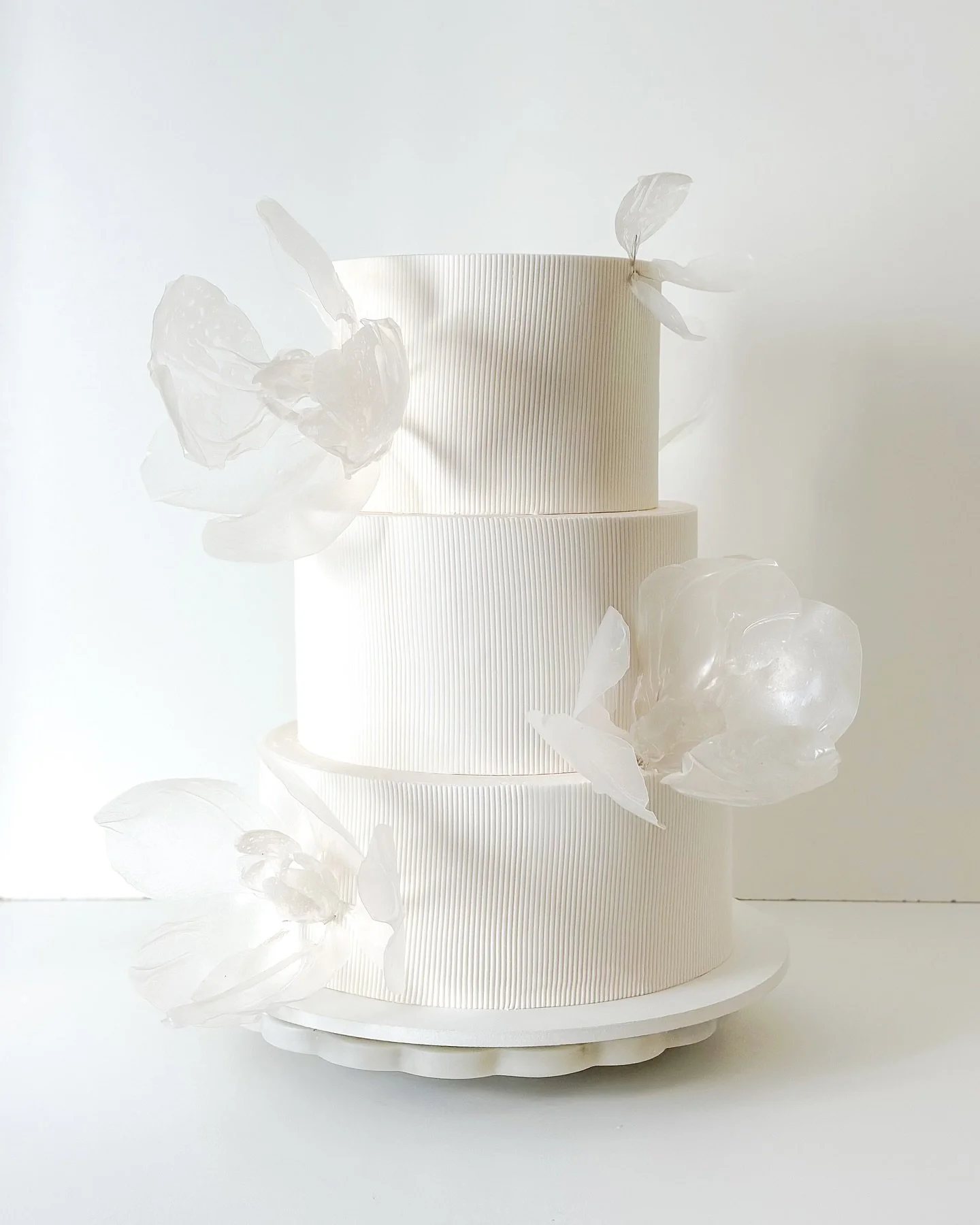 Oversized rice paper blossoms to match the bride&rsquo;s veil for Maegan + Brad🤍

Craft Flavors: Black &amp; White + Raspberry &amp; Vanilla Bean

#sandiegowedding #weddingcake #luxuryweddingcake #ricepaperflowers #socalwedding #powaywedding #fallbr