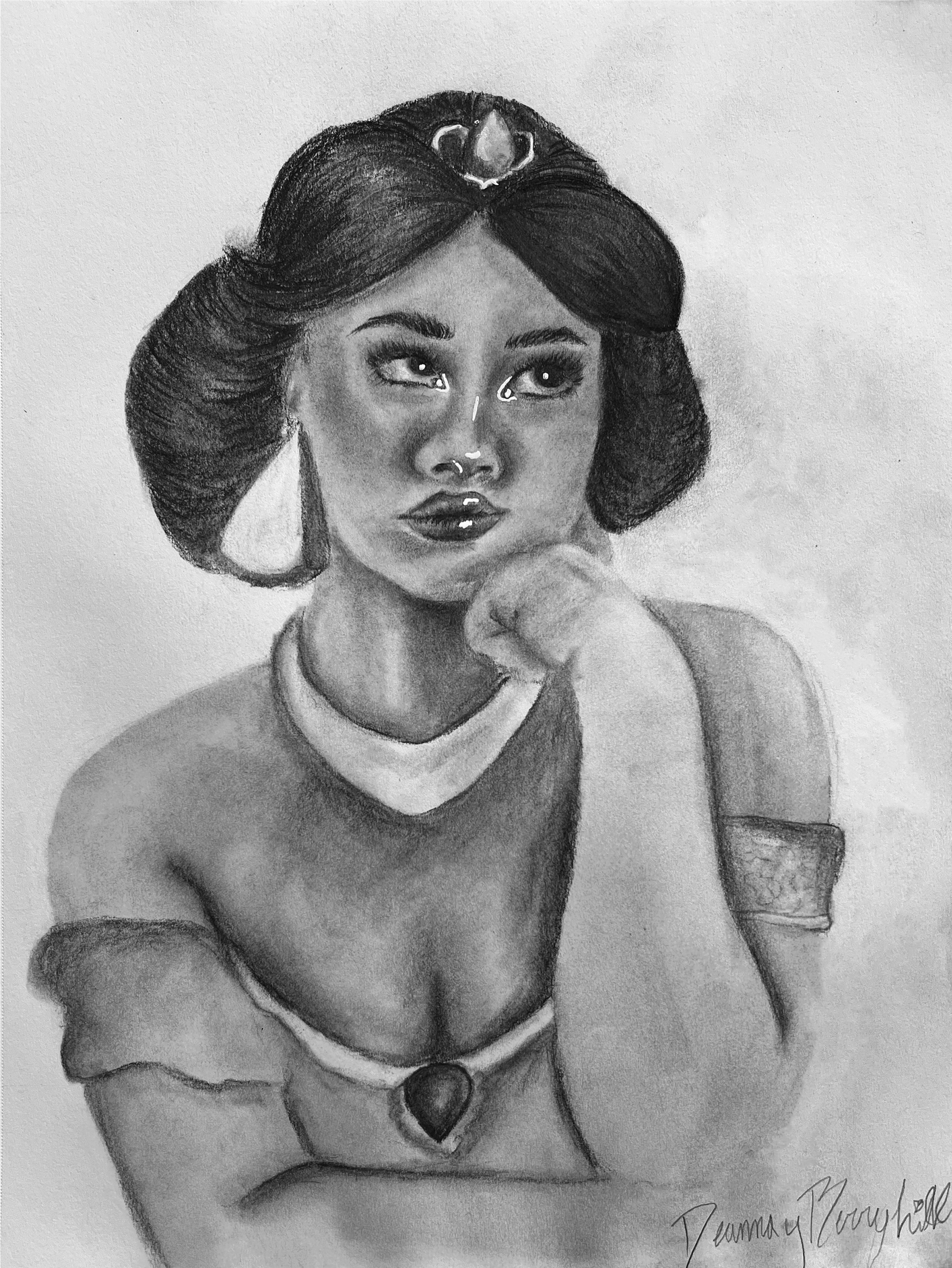 Charcoal drawing of Sophie L as Jasmine (Aladdin)