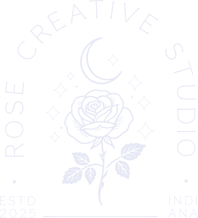 A black and white logo featuring a stylized rose with leaves, surrounded by stars and a crescent moon, with the phrase "Create Obstinate" curved above, and the text "ESTD 2025" and "INDIANA" below.