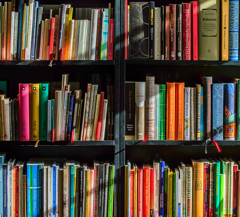 Bookshelves filled with colorful books arranged vertically on black shelves.