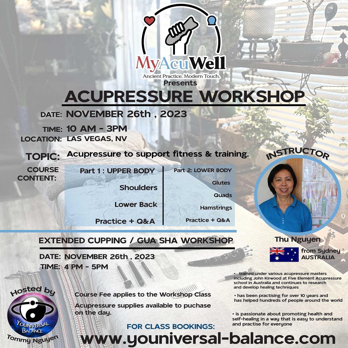 We are inviting you guys to join us November 26th for an Acupressure workshop in Las Vegas NV. 
This class is open to everyone from no experience to professional . 

Acupressure is a holistic healing technique that involves applying manual pressure t