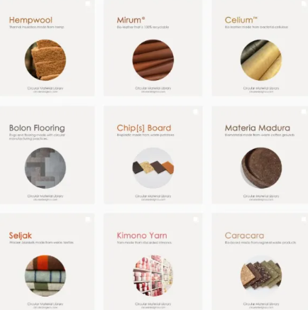 MATERIAL LIRBRARY- CIRCULAR MATERIAL LIBRARY: 
Large library  of materials for products and packaging. Details, production application, material properties and availability.