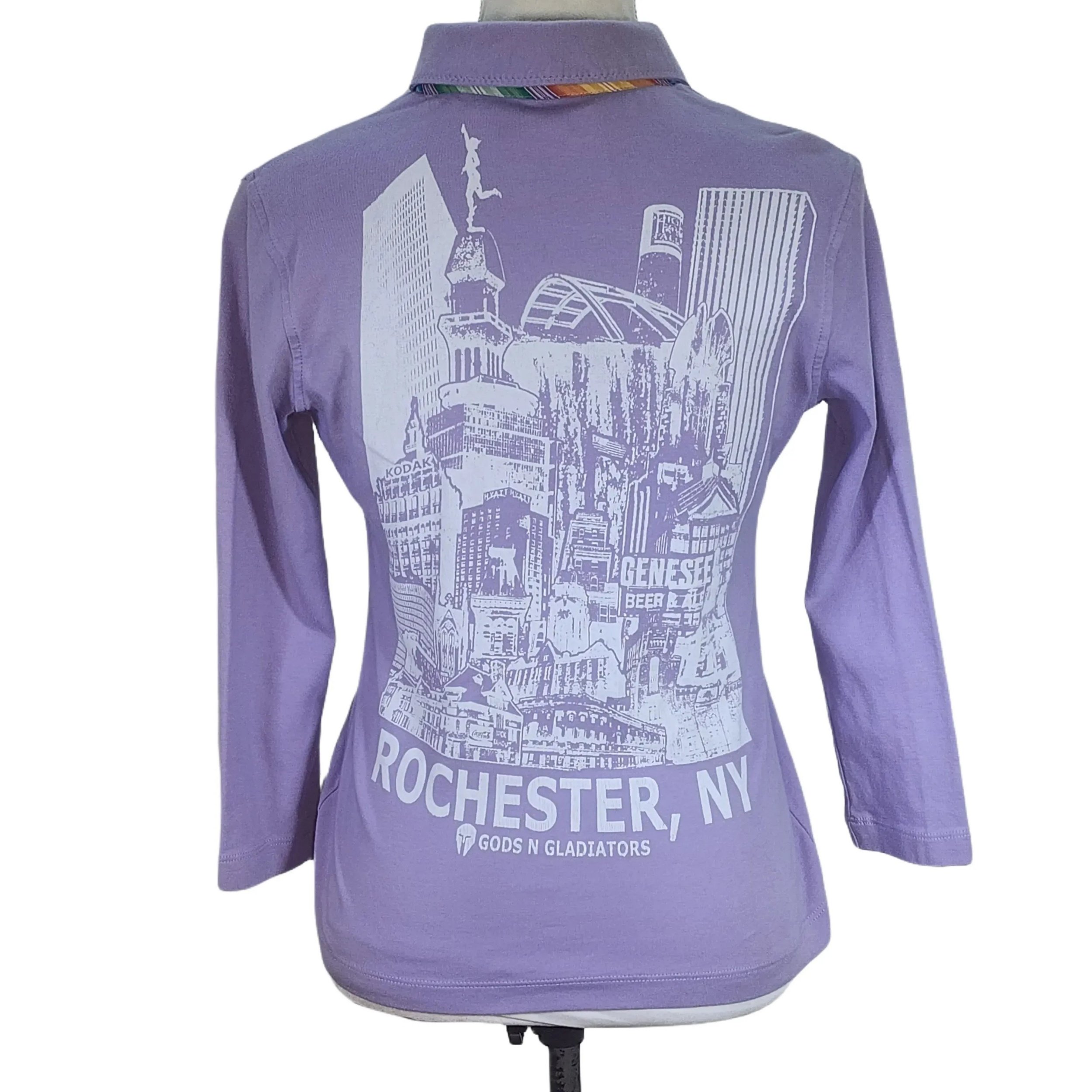 Y2K, lilac, Tommy Hilfiger oxford, w/ 3/4 length sleeves and our 'Rochester, NY Skyline' graphic printed on back. Medium - Gladiator Art & Apparel