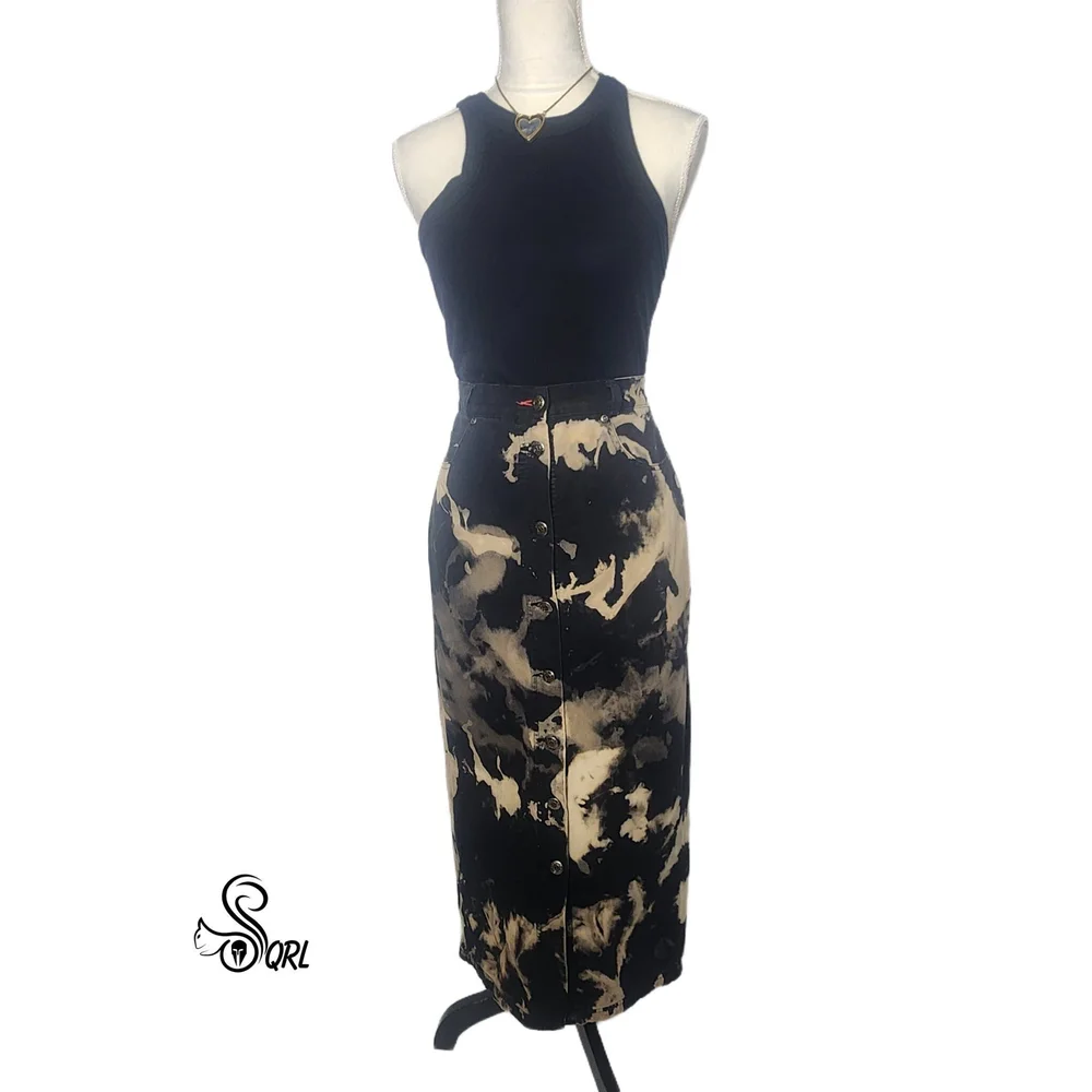 Bleach tie-dye, vintage, upcycled black denim Size