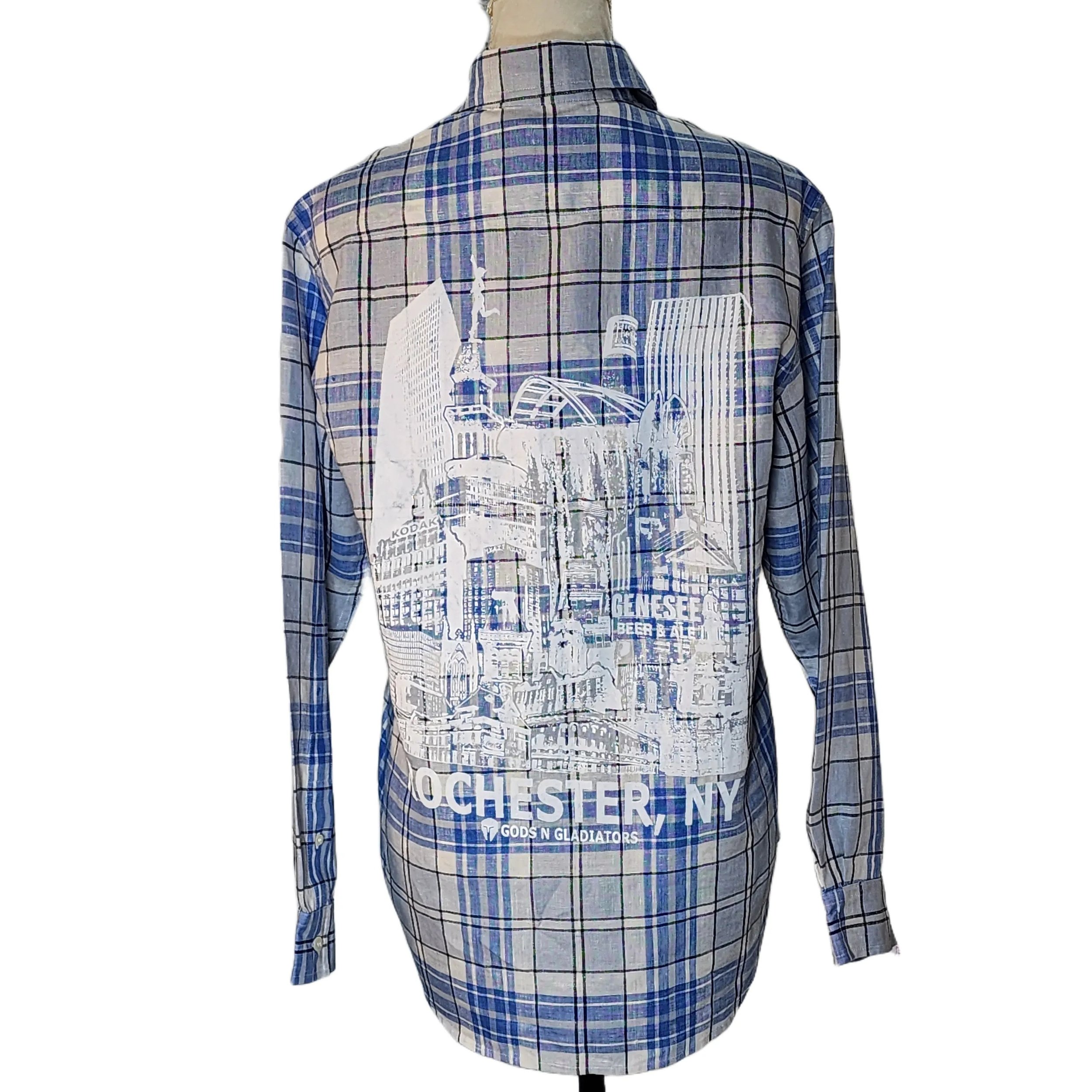 Jones NY. Upcycled, 100% Linen Button-Down Shirt w/ our Roc', NY Skyline Graphic. Size: S - Gladiator Art & Apparel
