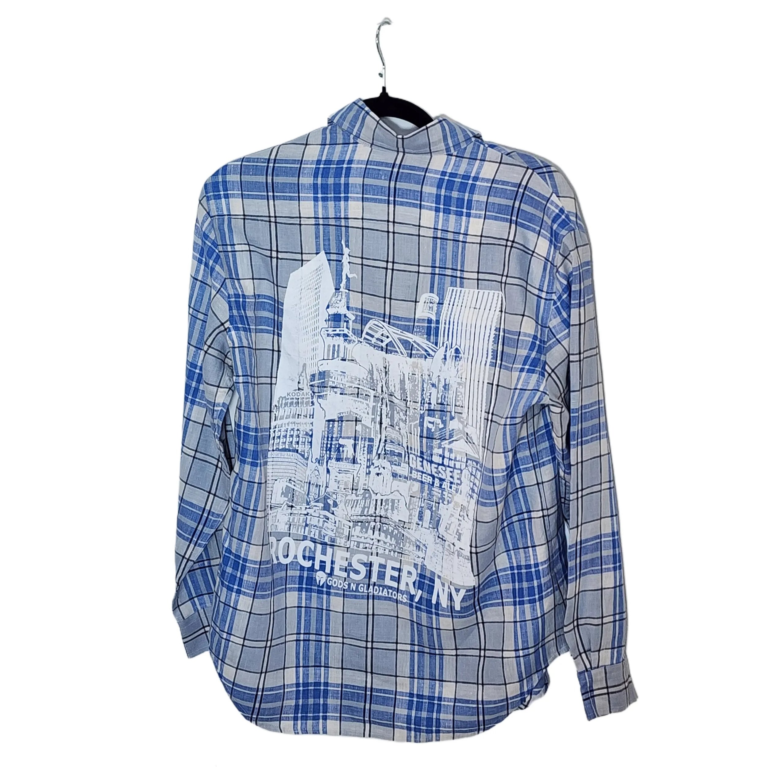 Jones NY. Upcycled, 100% Linen Button-Down Shirt w/ our Roc', NY Skyline Graphic. Size: S - Gladiator Art & Apparel