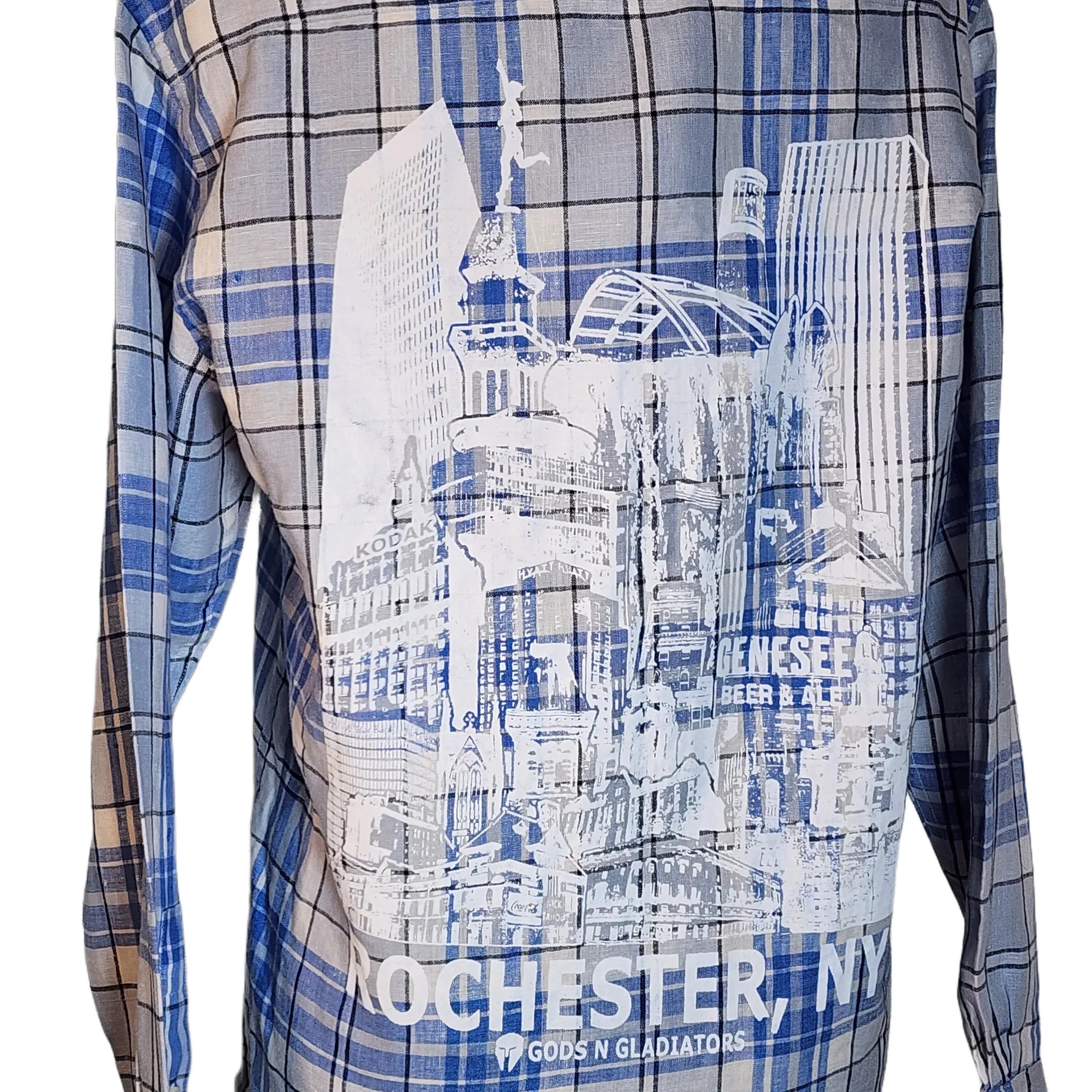 Jones NY. Upcycled, 100% Linen Button-Down Shirt w/ our Roc', NY Skyline Graphic. Size: S - Gladiator Art & Apparel