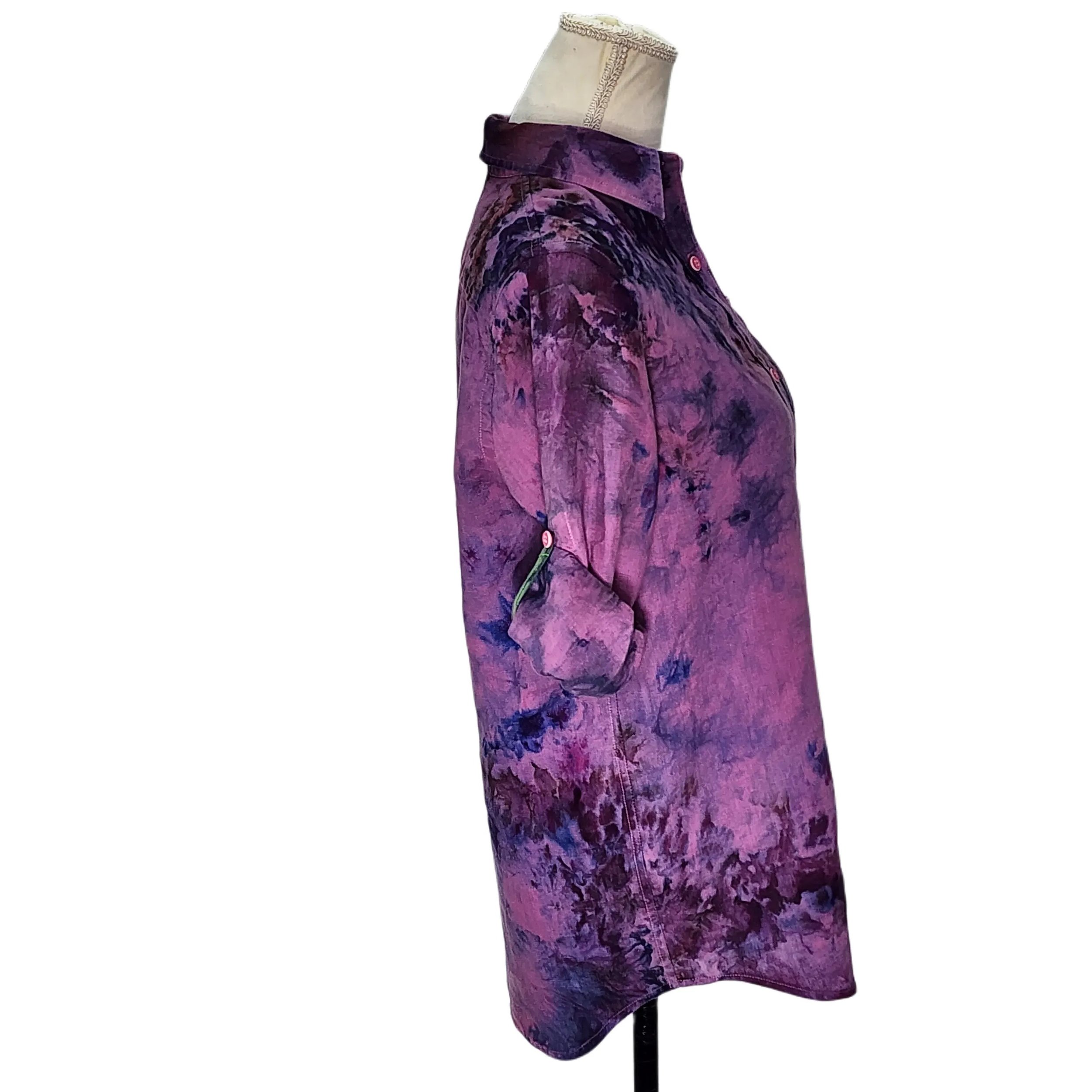 Upcycled, Tie-Dyed, Linen Button Down Shirt. Size: M - Gladiator Art & Apparel