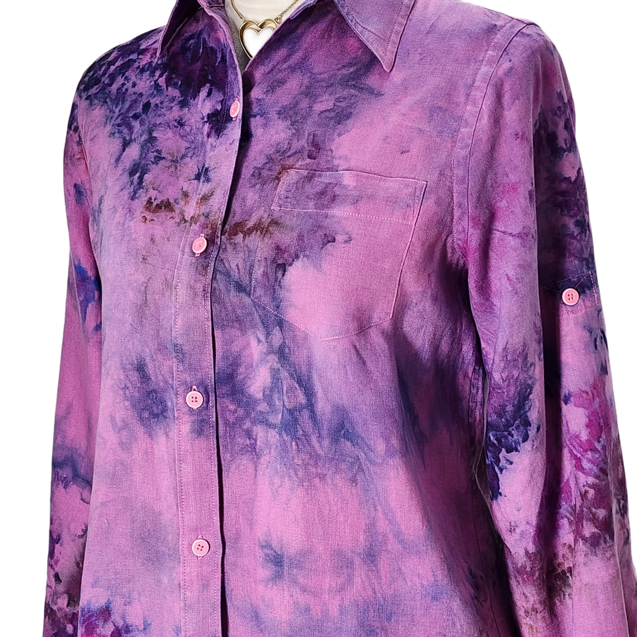 Upcycled, Tie-Dyed, Linen Button Down Shirt. Size: M - Gladiator Art & Apparel