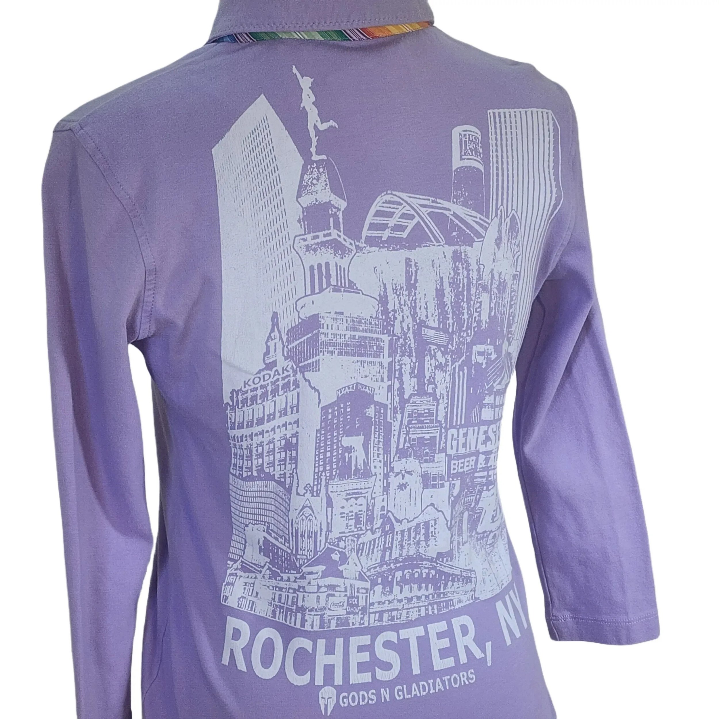 Y2K, lilac, Tommy Hilfiger oxford, w/ 3/4 length sleeves and our 'Rochester, NY Skyline' graphic printed on back. Medium - Gladiator Art & Apparel