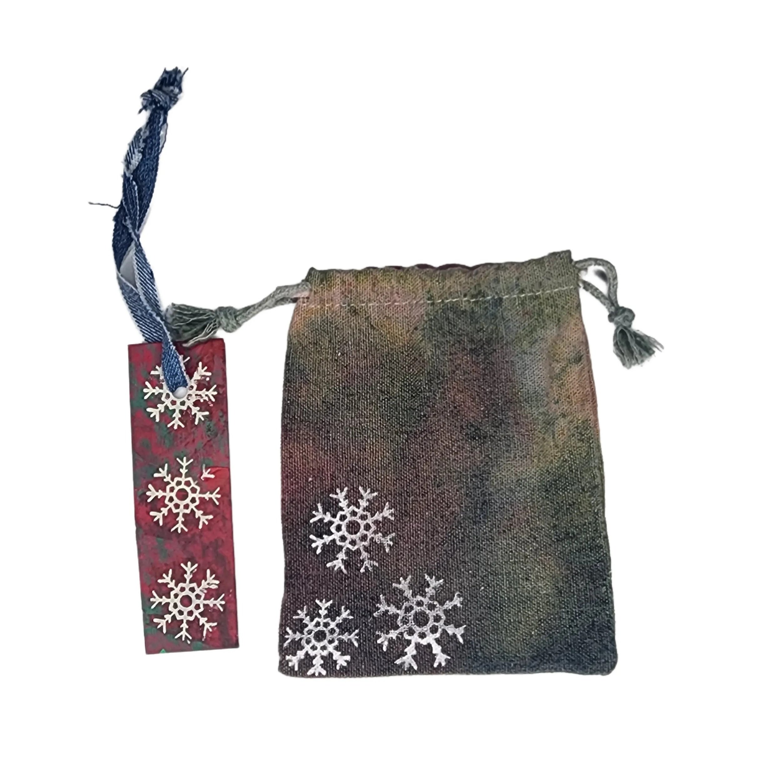 Upcycled Denim Christmas Ornament with Original Snowflake Graphic with a hand dyed reusable gift sack & tag. - Gladiator Art & Apparel
