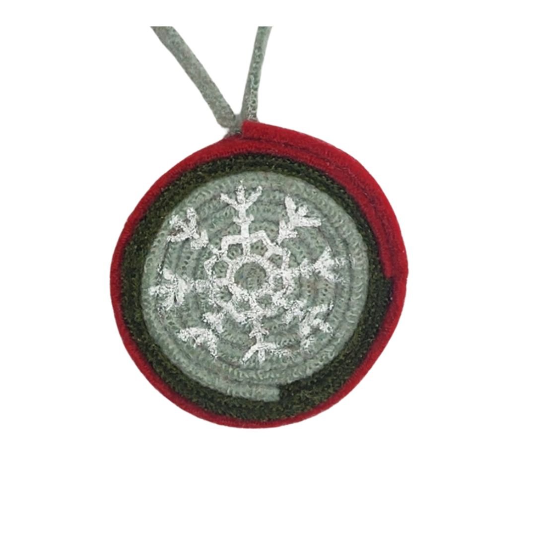 Upcycled Wool Christmas Ornament with Original Snowflake Graphic with a Red and Green Hand-Dyed Reusable Muslin Gift Sack & Tag. - Gladiator Art & Apparel