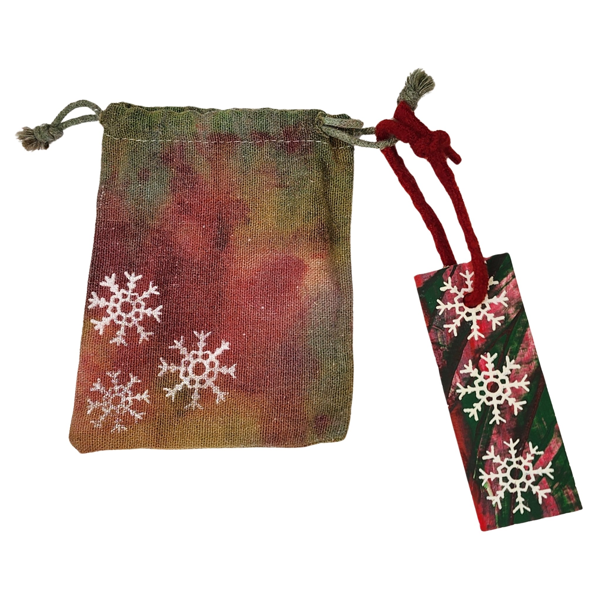 Upcycled Denim Christmas Ornament with Original Snowflake Graphic with a hand dyed reusable gift sack & tag. - Gladiator Art & Apparel