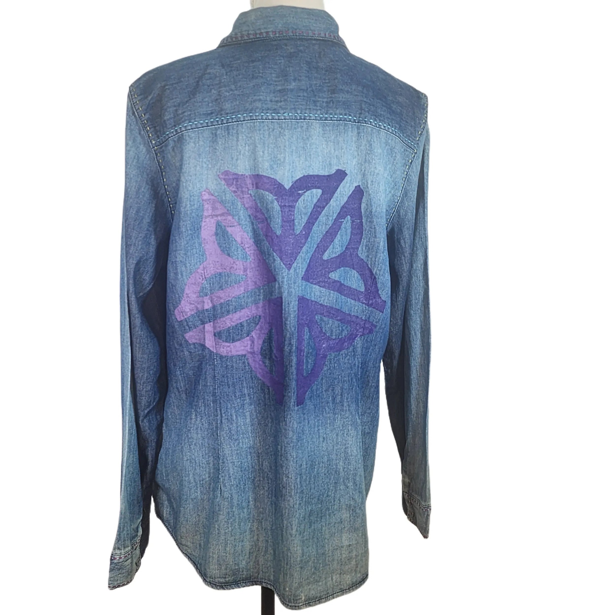 Upcycled Denim Shirt with the Rochester, NY's flower. Size: Large - Gladiator Art & Apparel