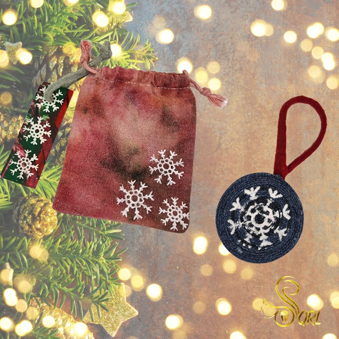 Upcycled Denim Christmas Ornament with Original Snowflake Graphic with a hand dyed reusable gift sack & tag. - Gladiator Art & Apparel