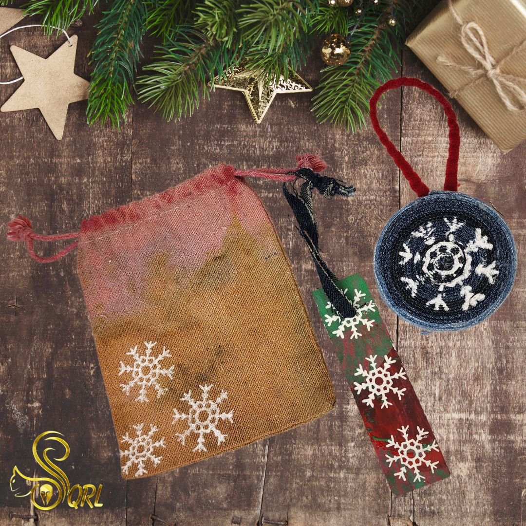 Upcycled Denim Christmas Ornament with Original Snowflake Graphic with a hand dyed reusable gift sack & tag. - Gladiator Art & Apparel