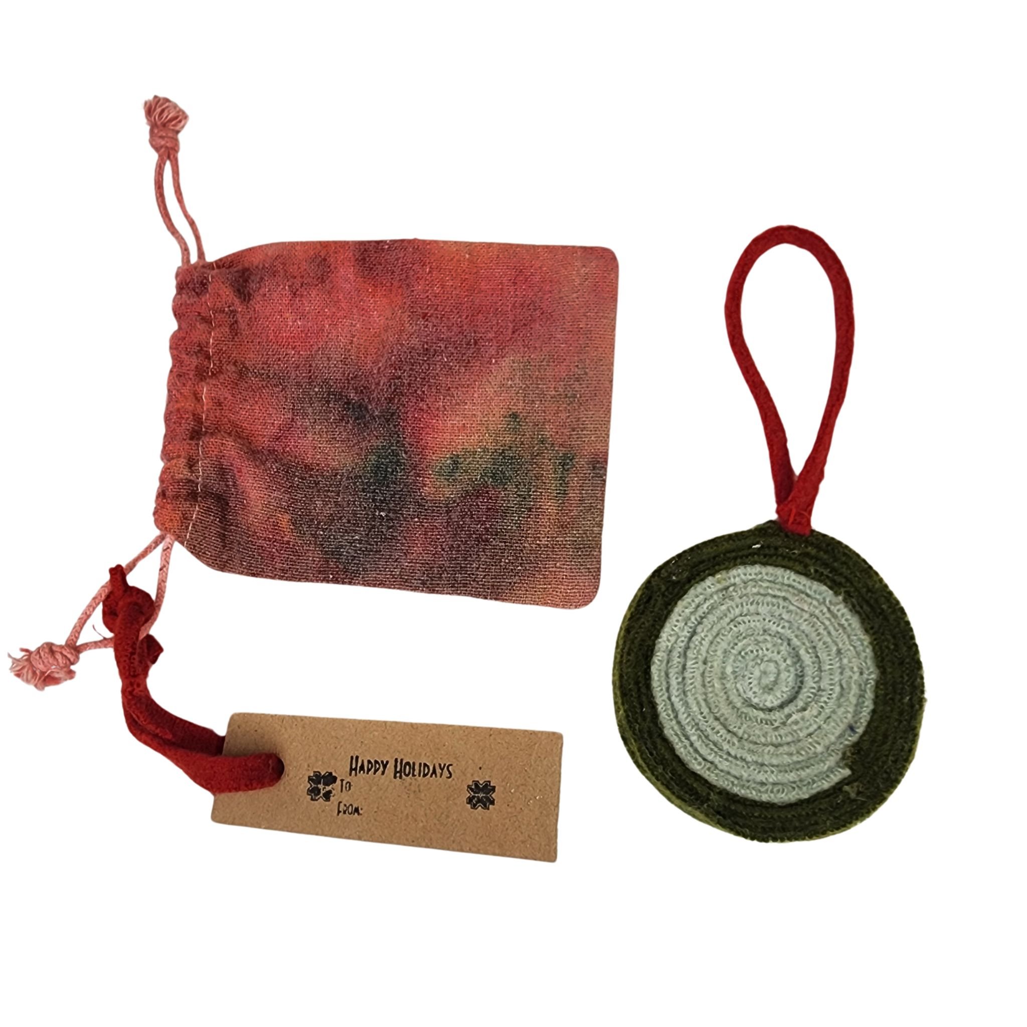 Upcycled Wool Christmas Ornament with the Rochester, NY Flower Graphic with a Red and Green Hand-Dyed Reusable Muslin Gift Sack & Tag. - Gladiator Art & Apparel