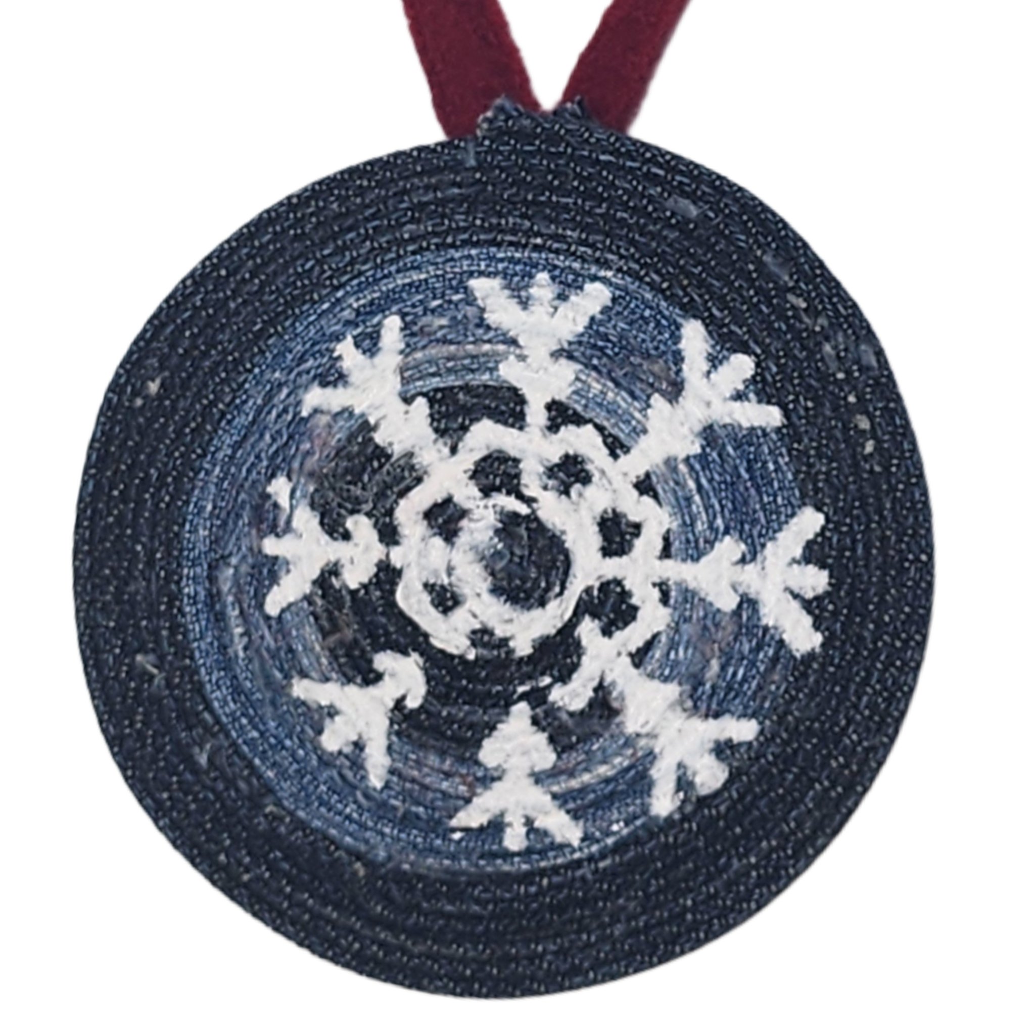 Upcycled Denim Christmas Ornament with Original Snowflake Graphic with a hand dyed reusable gift sack & tag. - Gladiator Art & Apparel