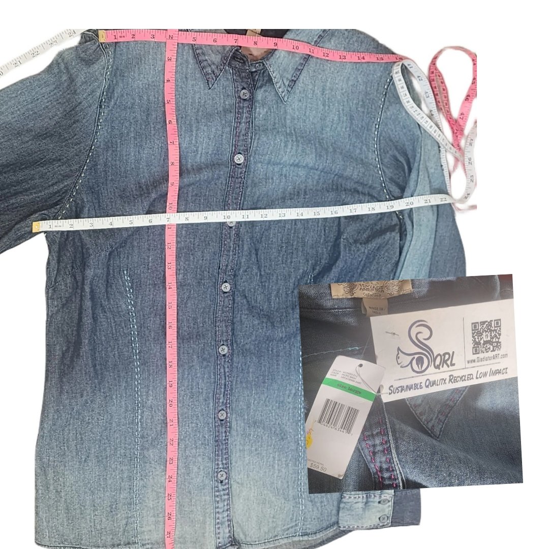 Upcycled Denim Shirt with the Rochester, NY's flower. Size: Large - Gladiator Art & Apparel