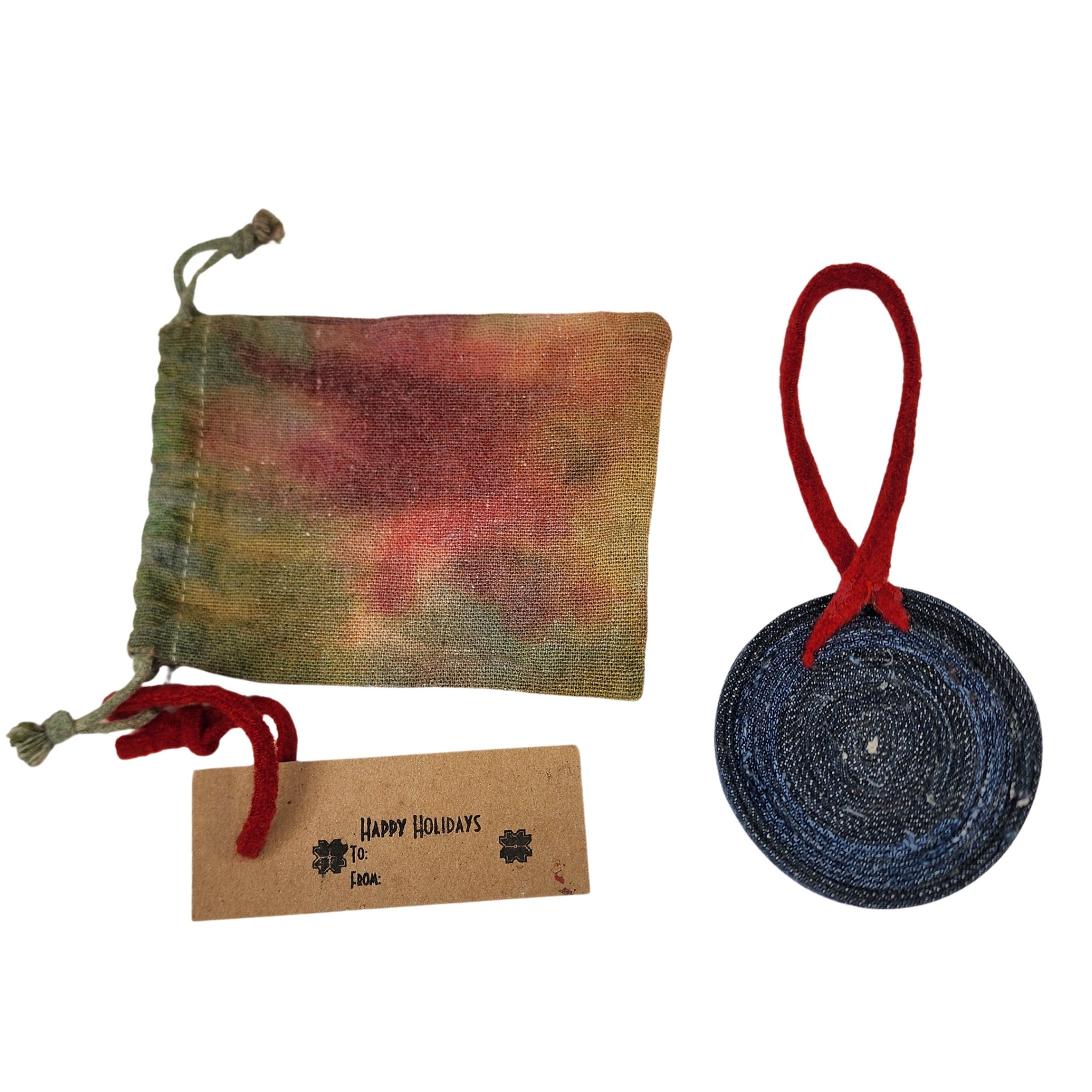 Upcycled Denim Christmas Ornament with Original Snowflake Graphic with a hand dyed reusable gift sack & tag. - Gladiator Art & Apparel