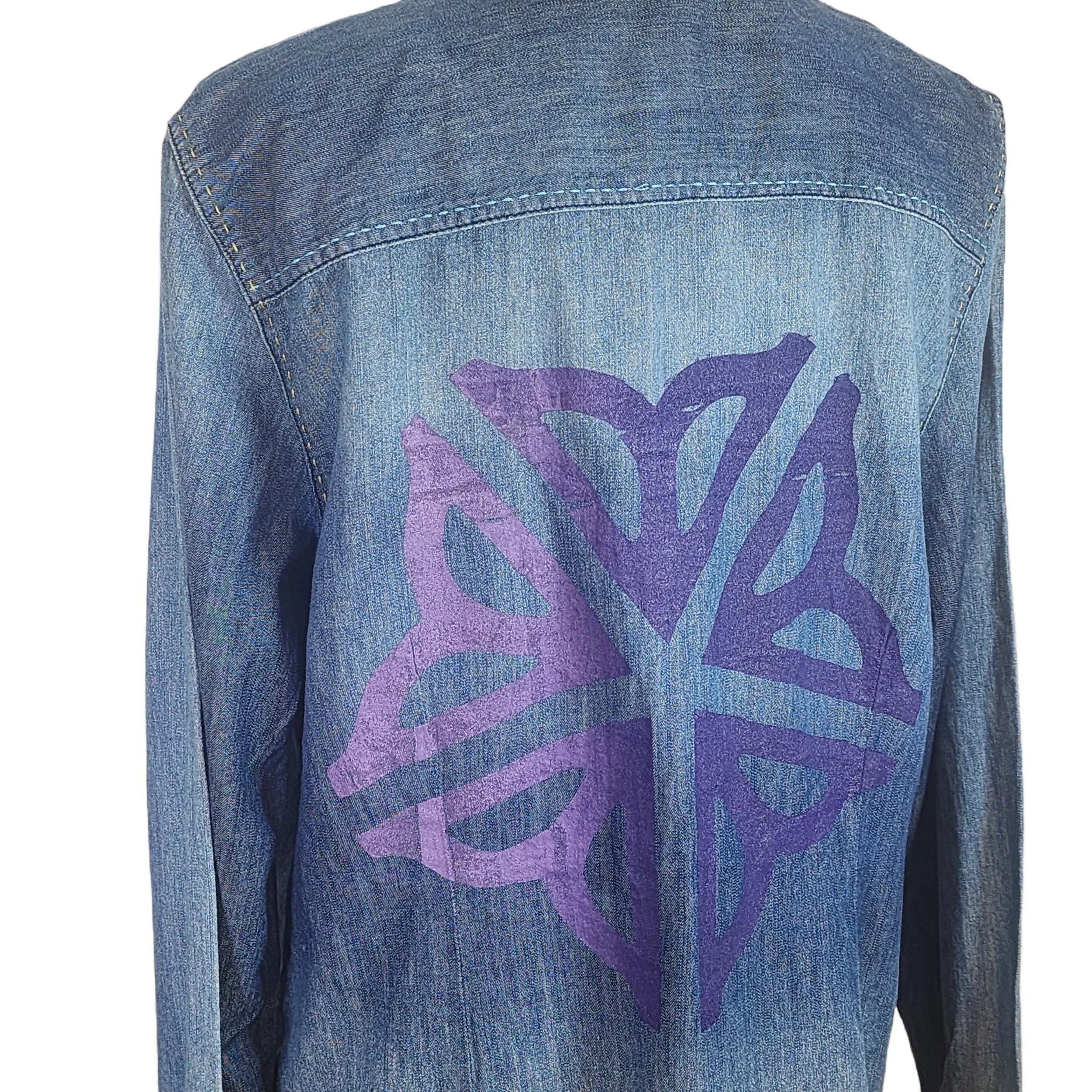 Upcycled Denim Shirt with the Rochester, NY's flower. Size: Large - Gladiator Art & Apparel