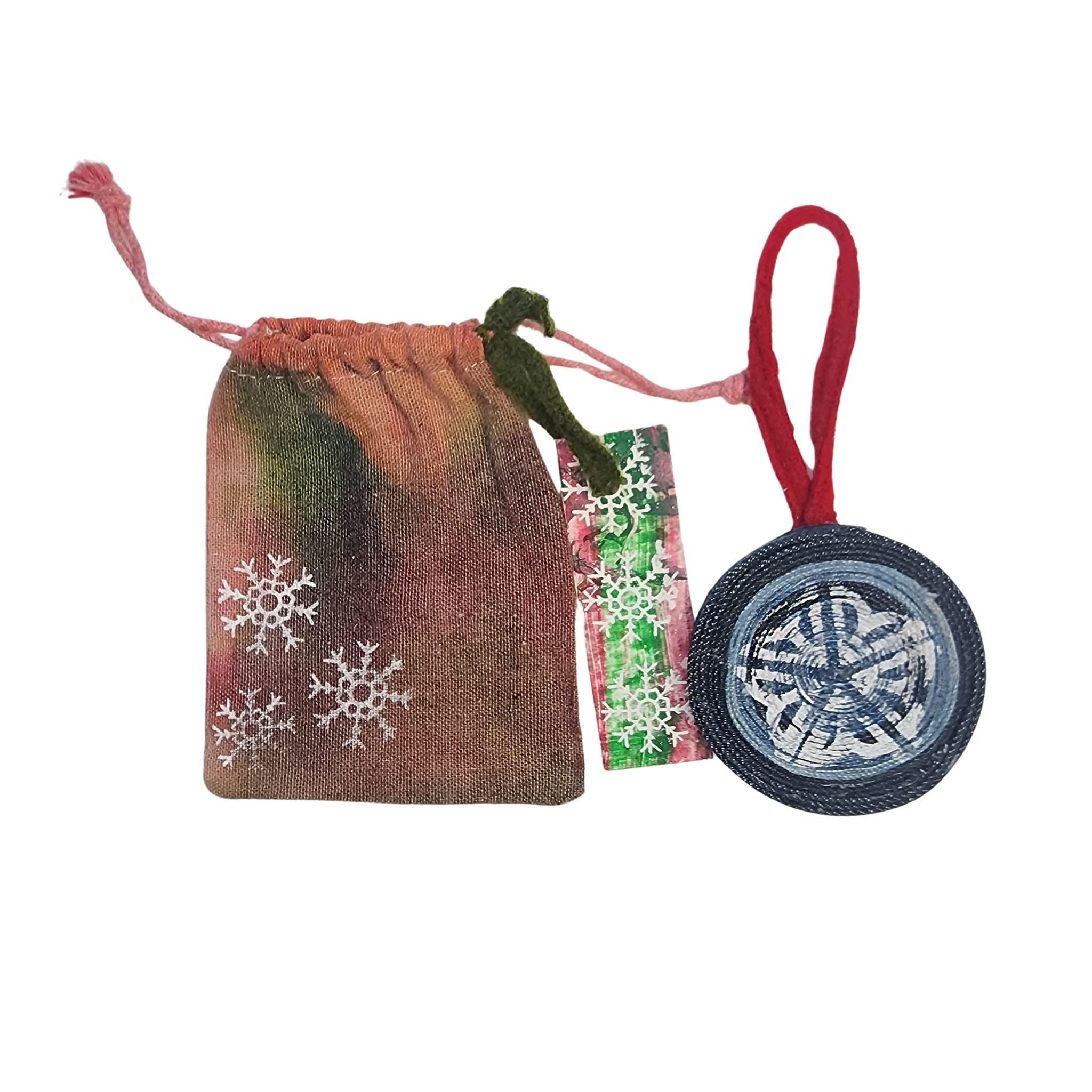 Upcycled Denim Christmas Ornament with 'Rochester, NY Flower' including a hand dyed reusable gift sack & tag. - Gladiator Art & Apparel