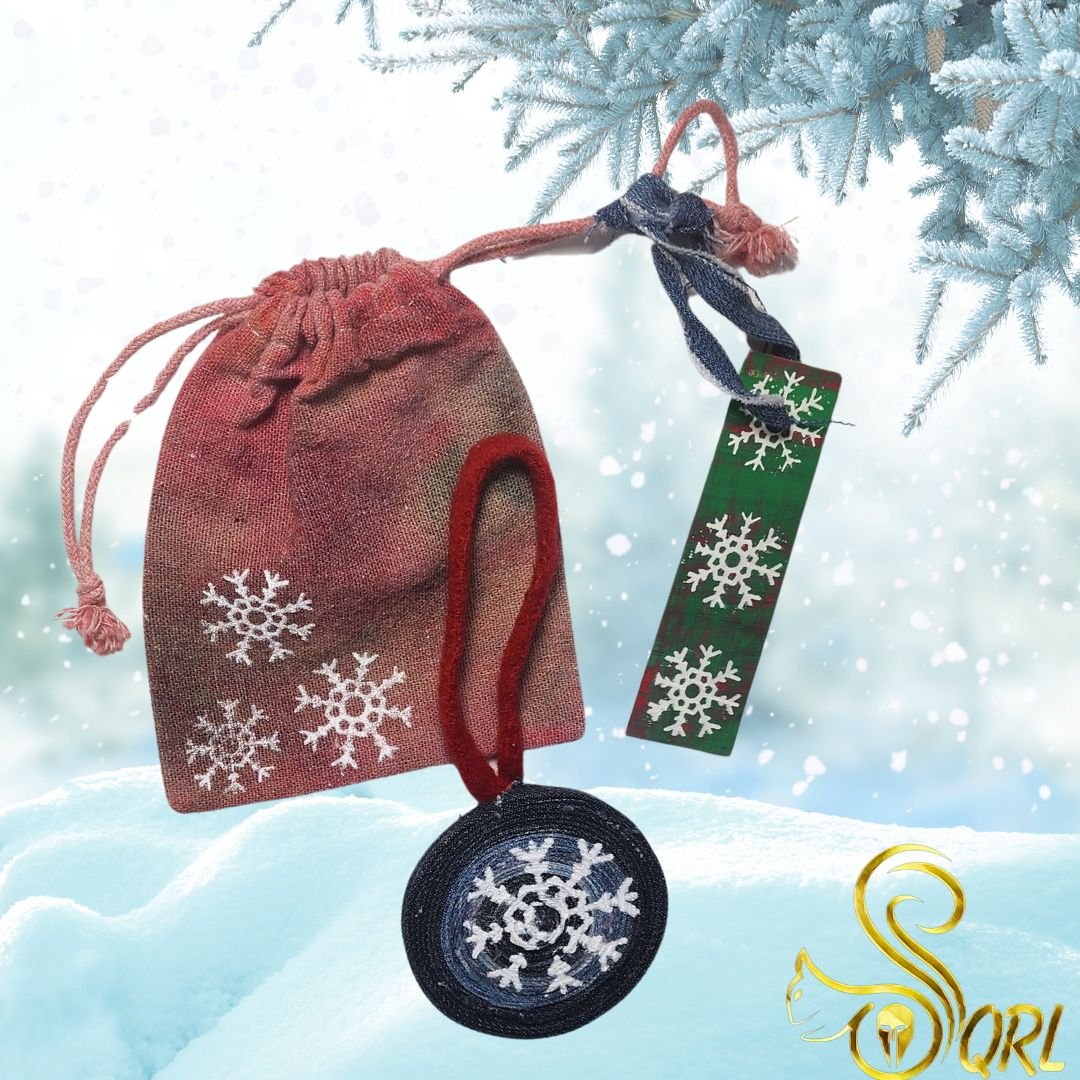 Upcycled Denim Christmas Ornament with Original Snowflake Graphic with a hand dyed reusable gift sack & tag. - Gladiator Art & Apparel