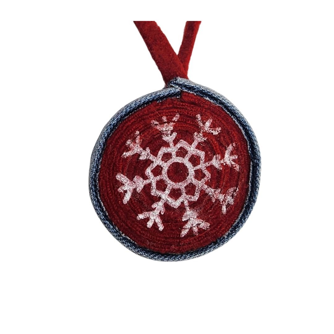 Upcycled Wool Christmas Ornament with Original Snowflake Graphic with a Red and Green Hand-Dyed Reusable Muslin Gift Sack & Tag. - Gladiator Art & Apparel
