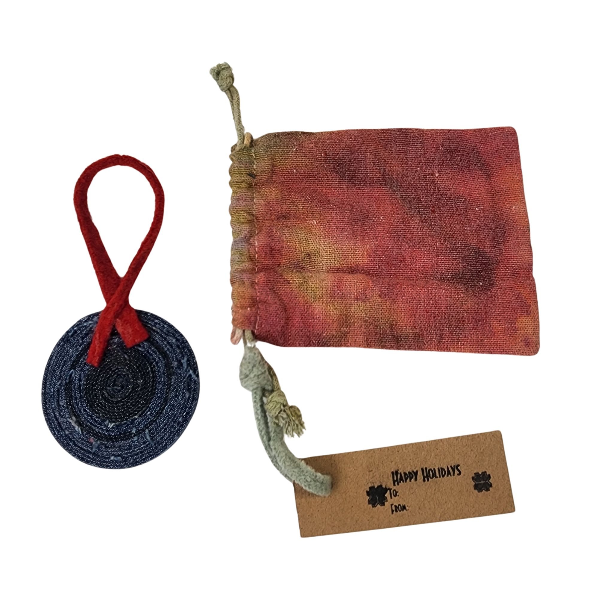 Upcycled Denim Christmas Ornament with Original Snowflake Graphic with a hand dyed reusable gift sack & tag. - Gladiator Art & Apparel