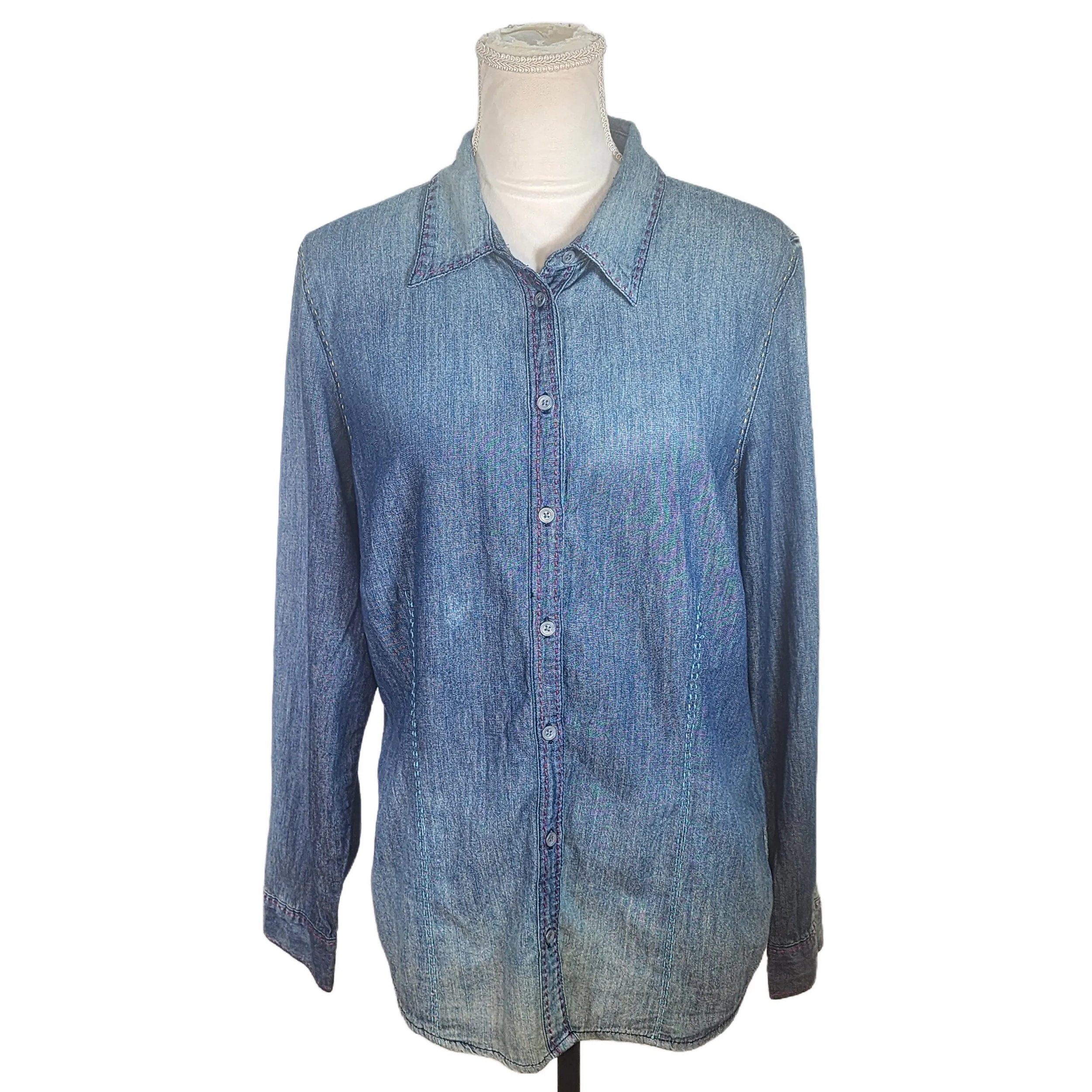 Upcycled Denim Shirt with the Rochester, NY's flower. Size: Large - Gladiator Art & Apparel