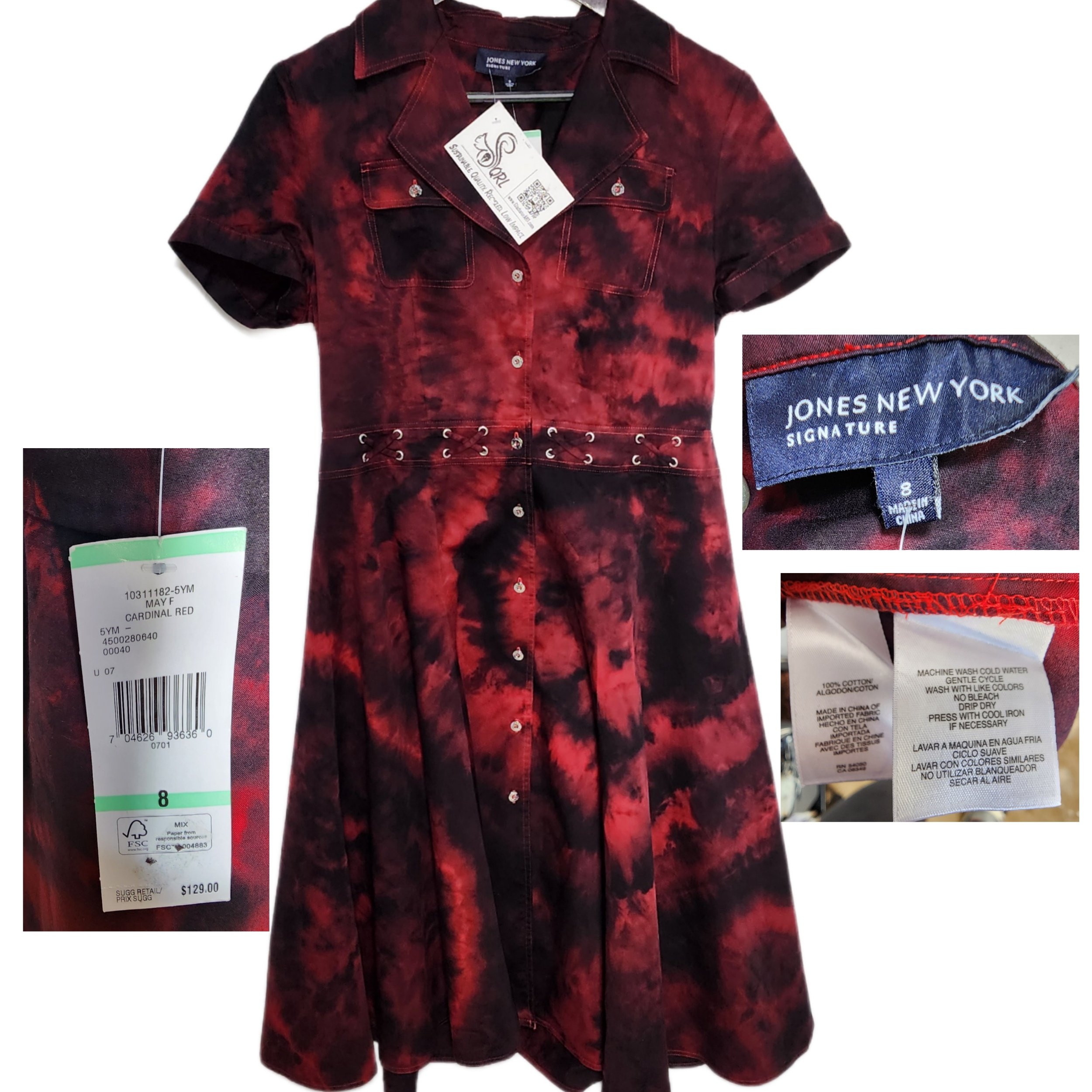 Upcycled, 'Jones NY', Red & Blue, Tie-Dyed A-Line Dress. Size 8 - Gladiator Art & Apparel