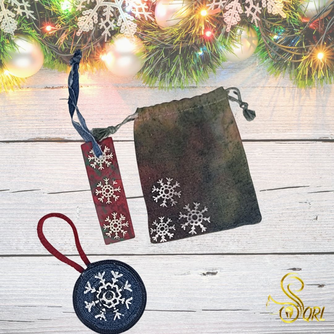 Upcycled Denim Christmas Ornament with Original Snowflake Graphic with a hand dyed reusable gift sack & tag. - Gladiator Art & Apparel