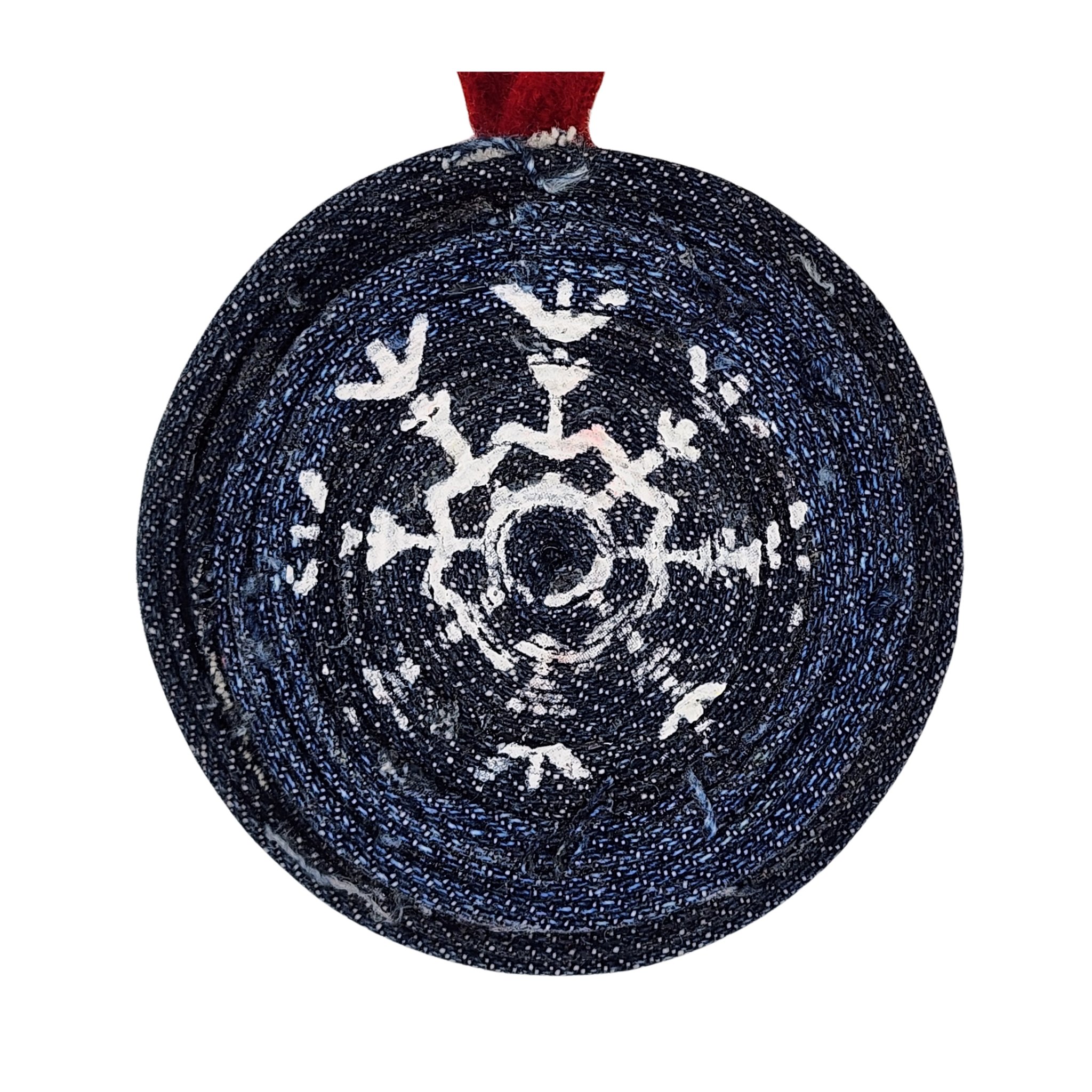 Upcycled Denim Christmas Ornament with Original Snowflake Graphic with a hand dyed reusable gift sack & tag. - Gladiator Art & Apparel