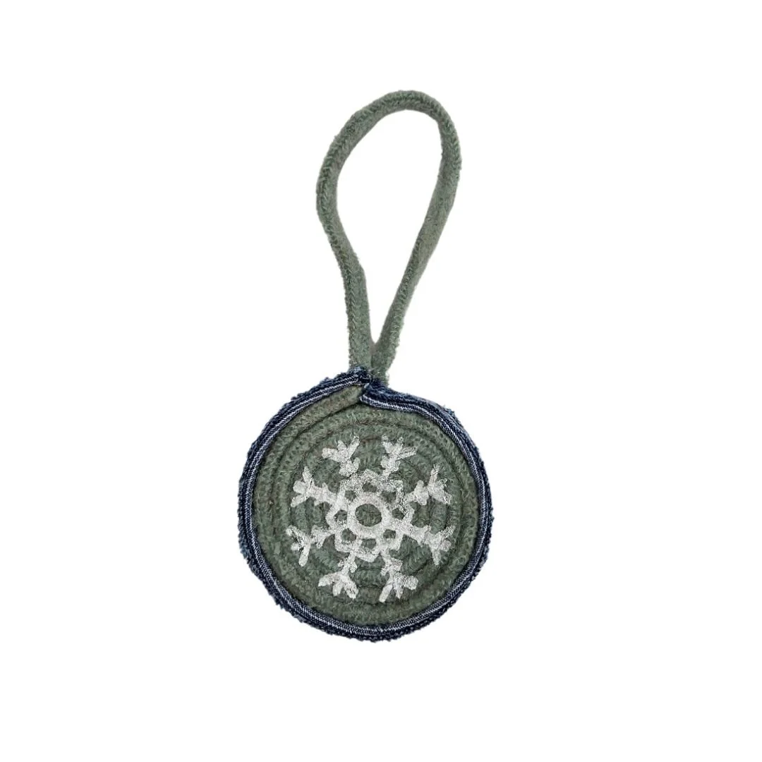 Upcycled Wool Christmas Ornament with Original Snowflake Graphic with a Red and Green Hand-Dyed Reusable Muslin Gift Sack & Tag. - Gladiator Art & Apparel
