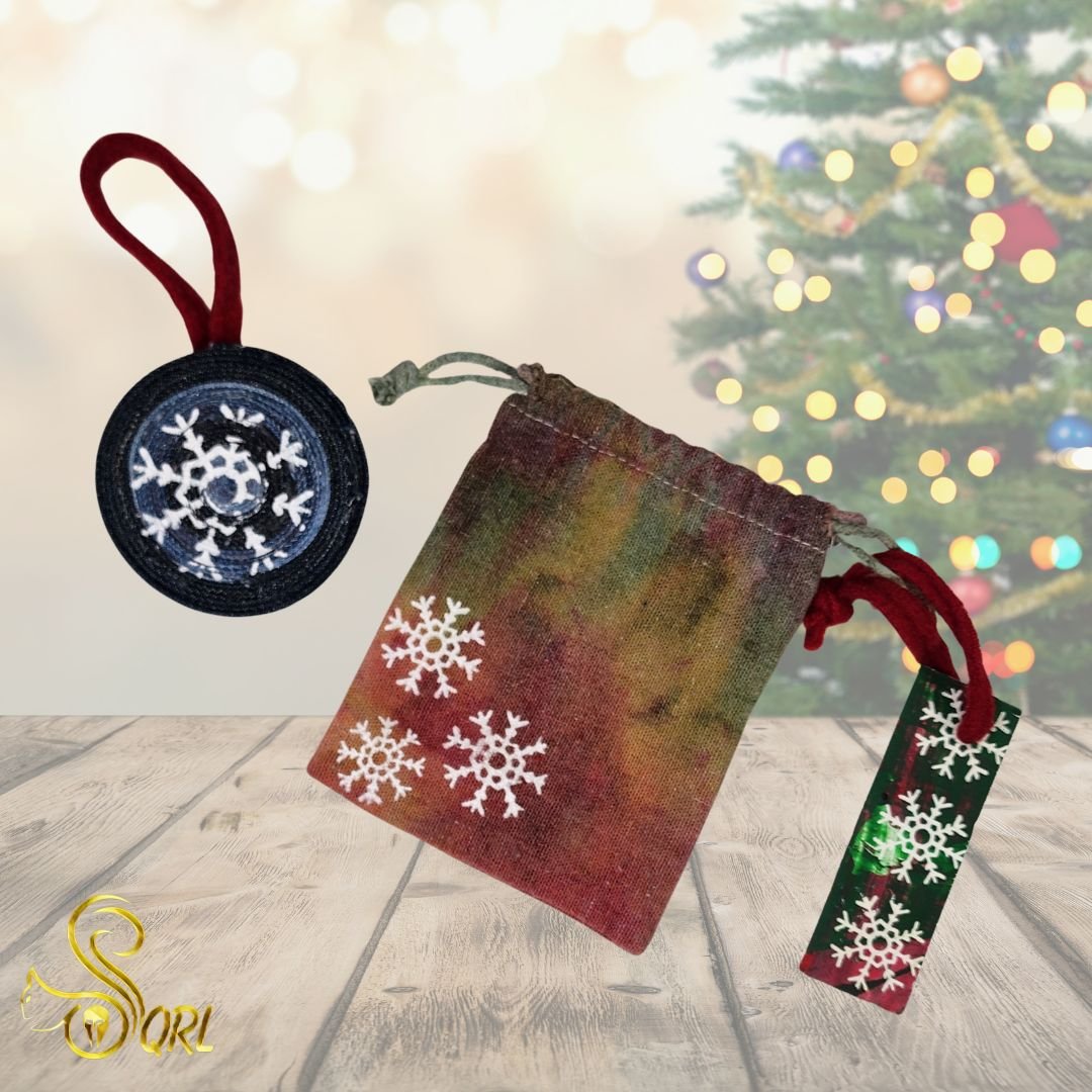 Upcycled Denim Christmas Ornament with Original Snowflake Graphic with a hand dyed reusable gift sack & tag. - Gladiator Art & Apparel