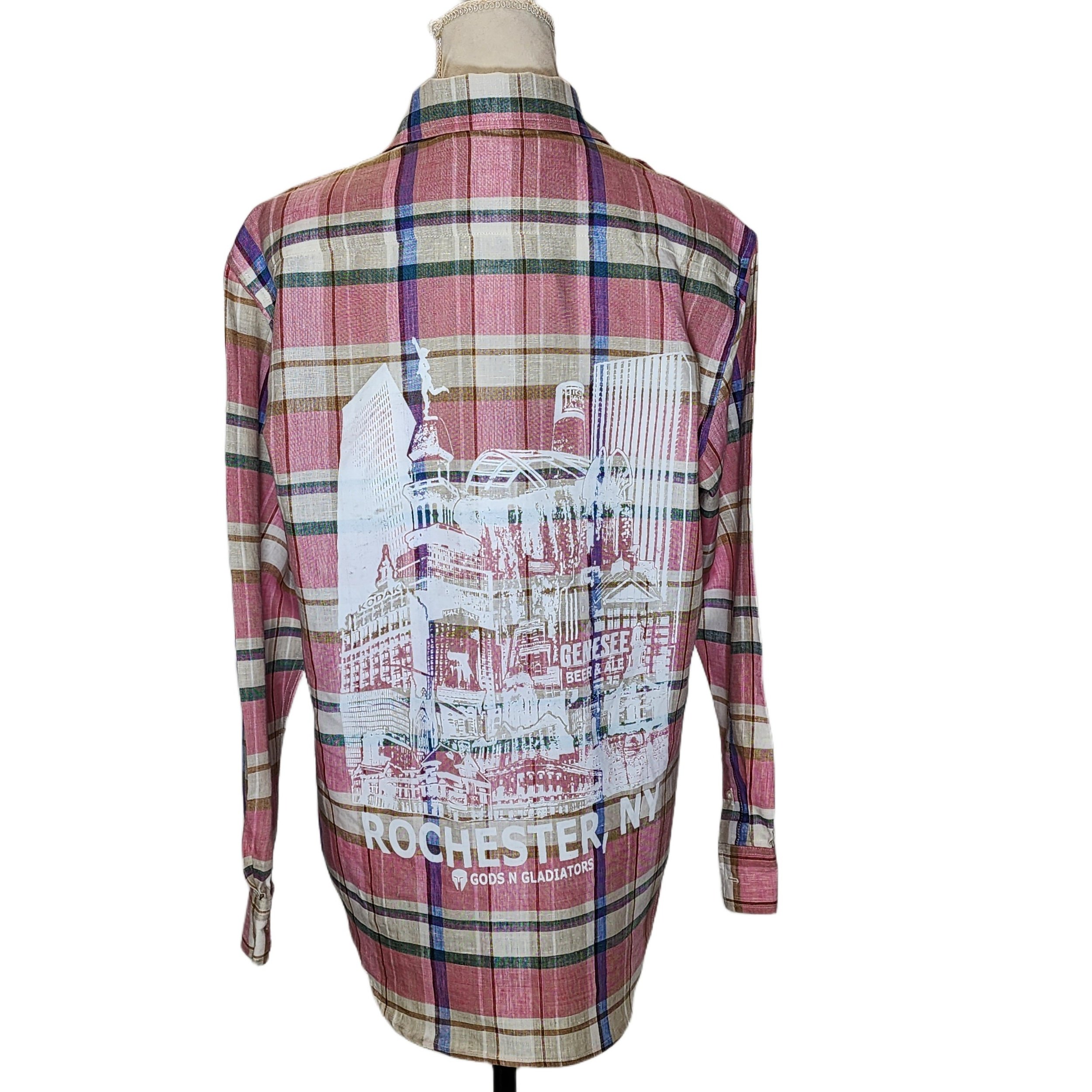 Jones NY. Upcycled Plaid Linen Shirt w/ 'Rochester, NY Skyline'. Small - Gladiator Art & Apparel